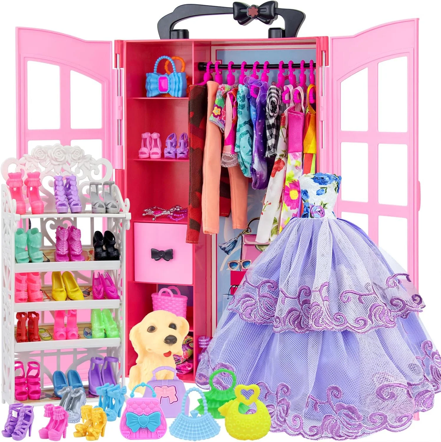 کمد لباس عروسک فشن Ecore Fun با 120 قطعه برای نگهداری لباس و لوازم جانبی عروسک شامل لباس، پیراهن، کفش، جاکفشی، کیف، گردنبند، چوب لباسی برای لباس عروسک دخترانه 11.5 اینچی