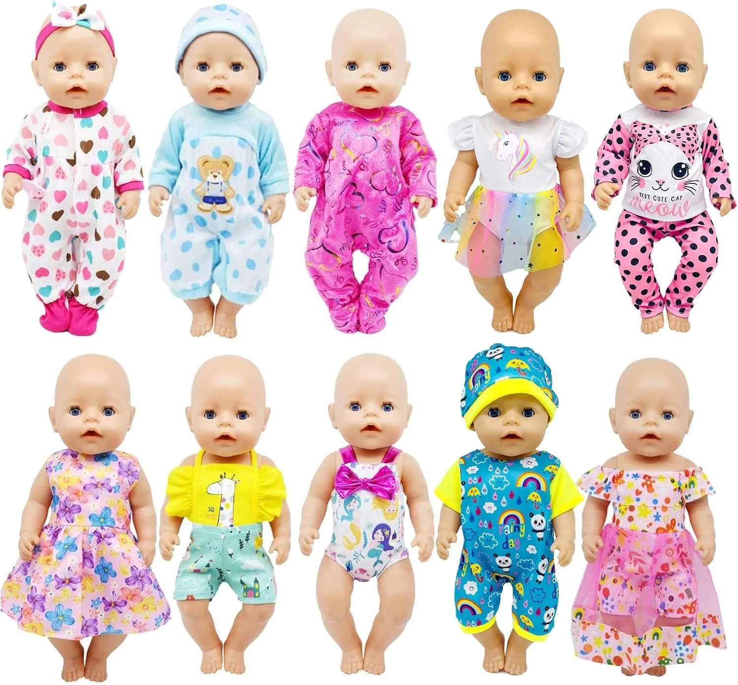 Dciki 10 ست لباس عروسک نوزاد 16-18 اینچی، لباس های غیر رسمی لوازم جانبی پیژامه شامل گیره مو مناسب برای عروسک نوزاد 43 سانتی متری - بهترین هدیه. (10 ست 16 اینچی)