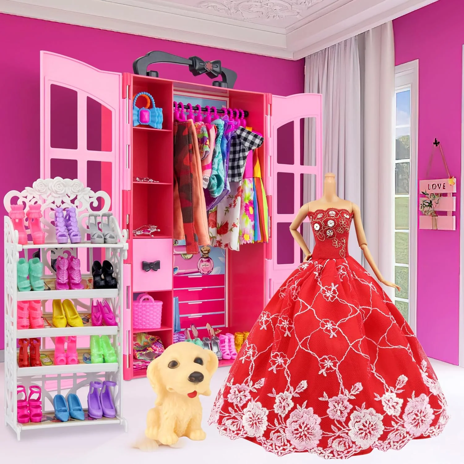 کمد لباس عروسک فشن Ecore Fun با 120 قطعه برای نگهداری لباس و لوازم جانبی عروسک شامل لباس، پیراهن، کفش، جاکفشی، کیف، گردنبند، چوب لباسی برای لباس عروسک دخترانه 11.5 اینچی کمد لباس عروسک فشن Ecore Fun با 120 قطعه برای نگهداری لباس و لوازم جانبی عروسک شامل لباس، پیراهن، کفش، جاکفشی، کیف، گردنبند، چوب لباسی برای لباس عروسک دخترانه 11.5 اینچی