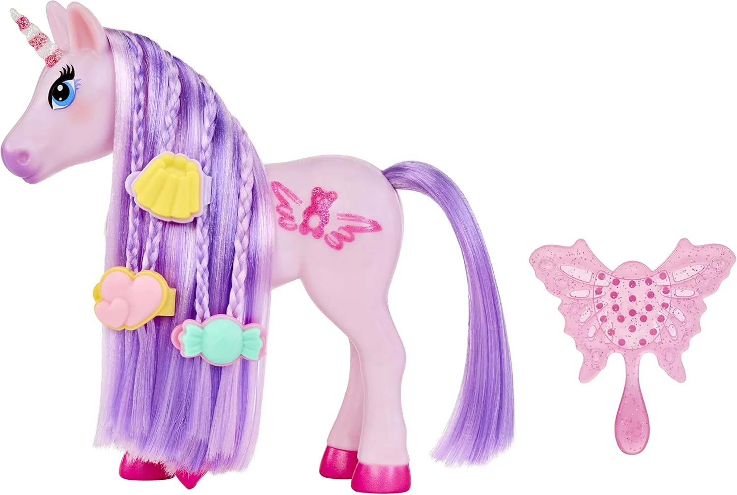 اسب تک شاخ کوچک آبنباتی MGA's Dream Bella - اسطوخودوس، اسب تک شاخ بنفش با تم خرس پاستیلی + 3 گیره مو با رایحه و شکل آبنبات، یال بلند، برس و برچسب خراش و بو، هدیه برای 3-8 سال