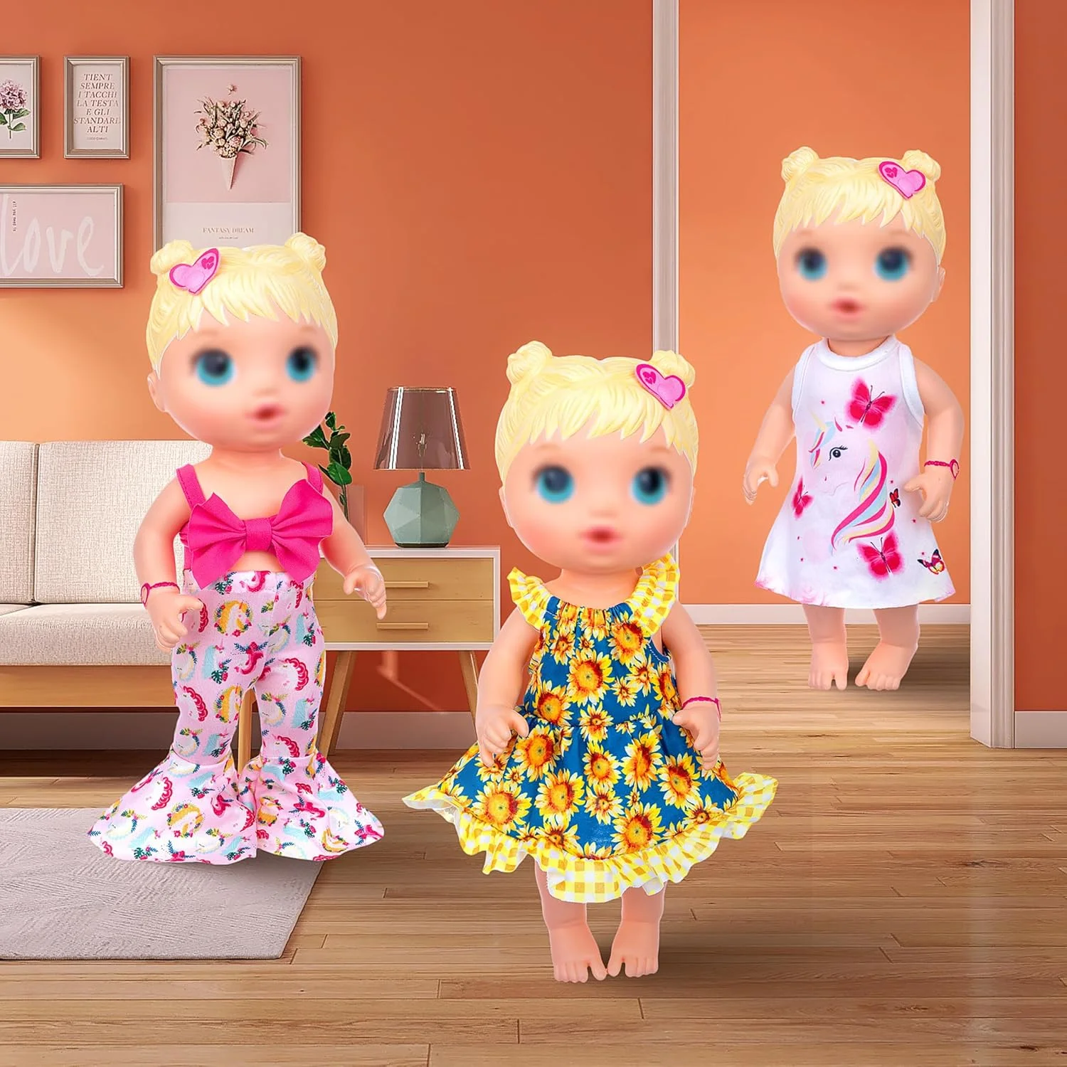 اکورلف 10 تکه لباس و لوازم جانبی عروسک زنده - شامل لباس، تی شرت، شلوار، سرهمی، شلوار دم پا گشاد برای هدیه دخترانه کودکانه عروسک 12 اینچی سبک تصادفی