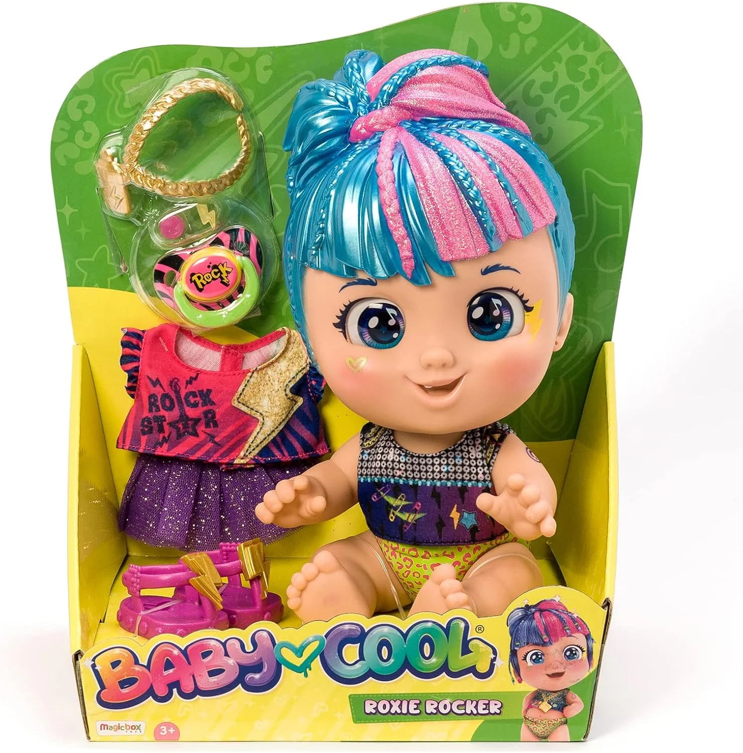 عروسک راکسی راکر Baby Cool به همراه لباس، کفش و لوازم جانبی انحصاری سبک راک شامل 2 عدد تی شرت، 1 عدد توتو، 1 عدد پستانک، 1 عدد گردنبند و گوشواره عروسک راکسی راکر Baby Cool به همراه لباس، کفش و لوازم جانبی انحصاری سبک راک شامل 2 عدد تی شرت، 1 عدد توتو، 1 عدد پستانک، 1 عدد گردنبند و گوشواره