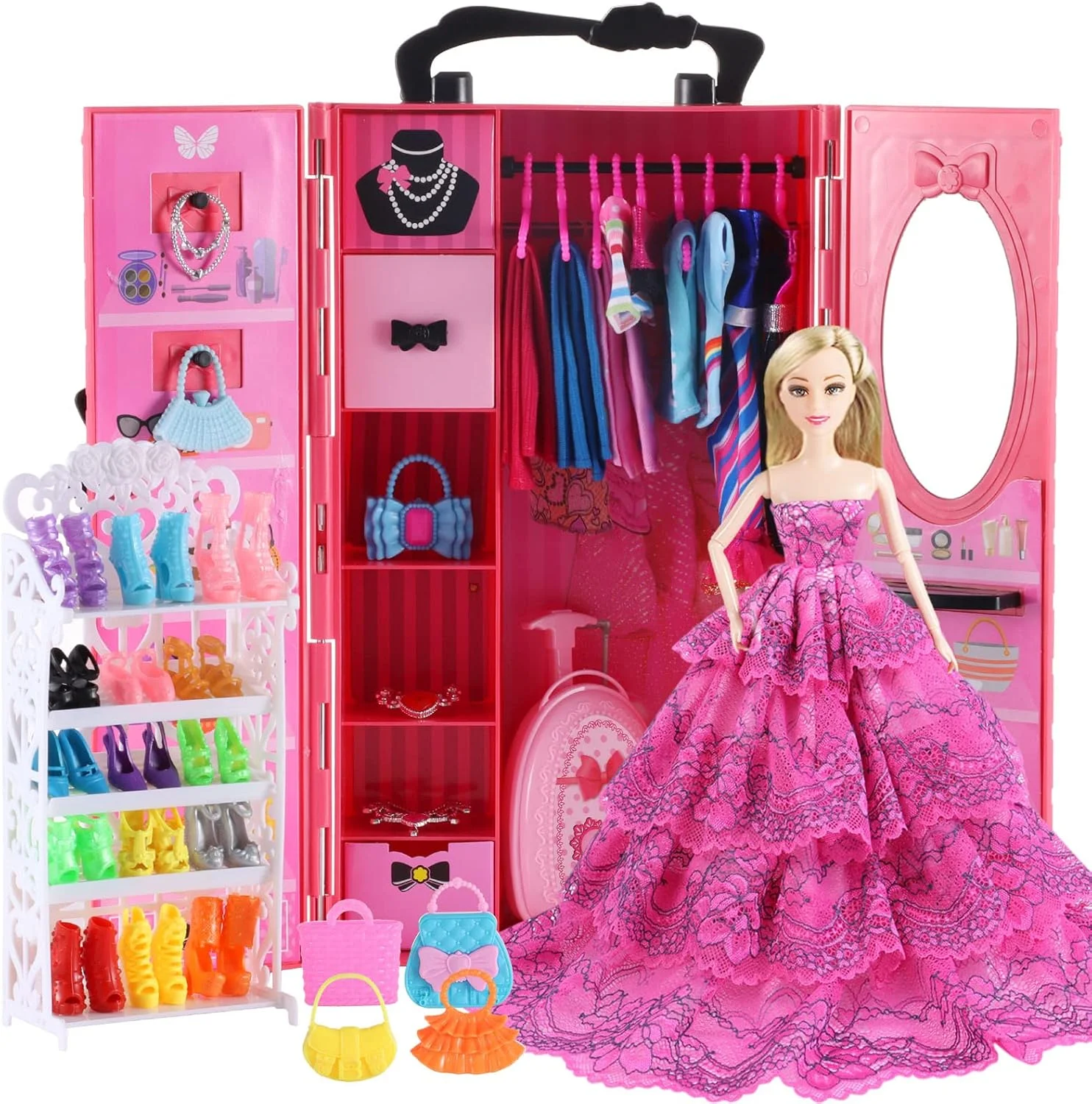 ویوس مجموعه 106 تکه لباس و لوازم جانبی کمد لباس عروسک برای عروسک های دخترانه 11.5 اینچی شامل کمد لباس، قفسه کفش، چمدان، لباس، پیراهن، لباس شنا، چوب لباسی، گردنبند، کیف ویوس مجموعه 106 تکه لباس و لوازم جانبی کمد لباس عروسک برای عروسک های دخترانه 11.5 اینچی شامل کمد لباس، قفسه کفش، چمدان، لباس، پیراهن، لباس شنا، چوب لباسی، گردنبند، کیف