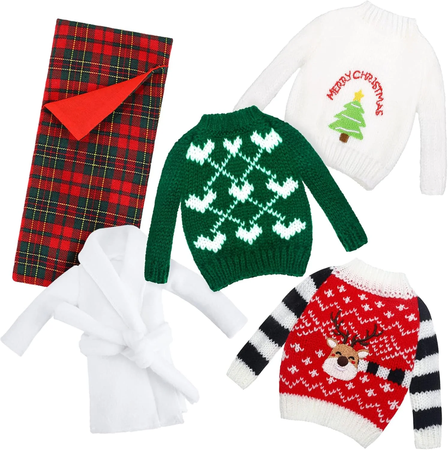 ست 5 تکه لوازم جانبی عروسک الف کریسمس زومیبو شامل 3 عدد ژاکت بافتنی دستی بابانوئل، 1 عدد کیسه خواب چهارخانه قرمز و 1 عدد روپوش حمام لباس خواب سفید برای تزئینات کریسمس عروسک الف (سبک شیک) ست 5 تکه لوازم جانبی عروسک الف کریسمس زومیبو شامل 3 عدد ژاکت بافتنی دستی بابانوئل، 1 عدد کیسه خواب چهارخانه قرمز و 1 عدد روپوش حمام لباس خواب سفید برای تزئینات کریسمس عروسک الف (سبک شیک)