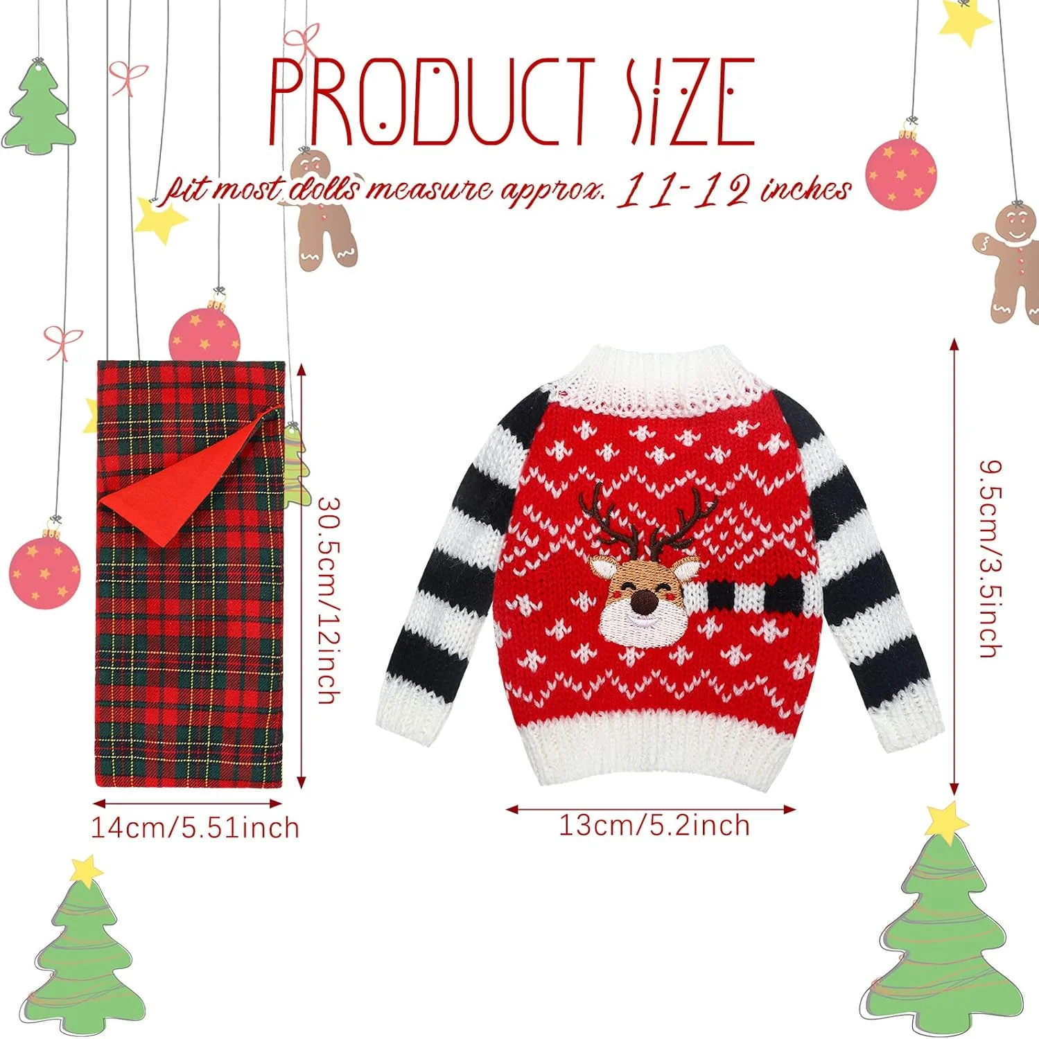 ست 5 تکه لوازم جانبی عروسک الف کریسمس زومیبو شامل 3 عدد ژاکت بافتنی دستی بابانوئل، 1 عدد کیسه خواب چهارخانه قرمز و 1 عدد روپوش حمام لباس خواب سفید برای تزئینات کریسمس عروسک الف (سبک شیک)