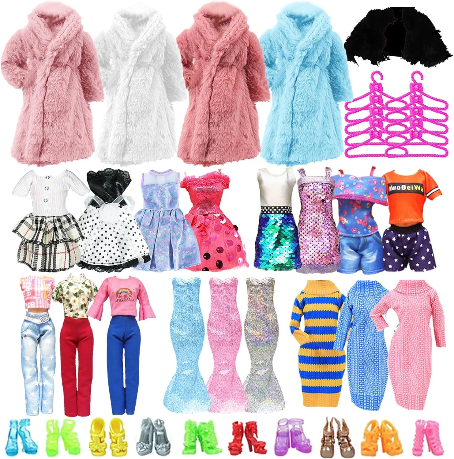 ست لباس و لوازم جانبی عروسک 68 تکه، شامل 1 لباس مجلسی، 6 لباس روزانه، 5 لباس معمولی، 1 ژاکت، 2 کت، 10 جفت کفش، 10 چوب لباسی و 18 لوازم جانبی دخترانه، هدیه ای برای دختران