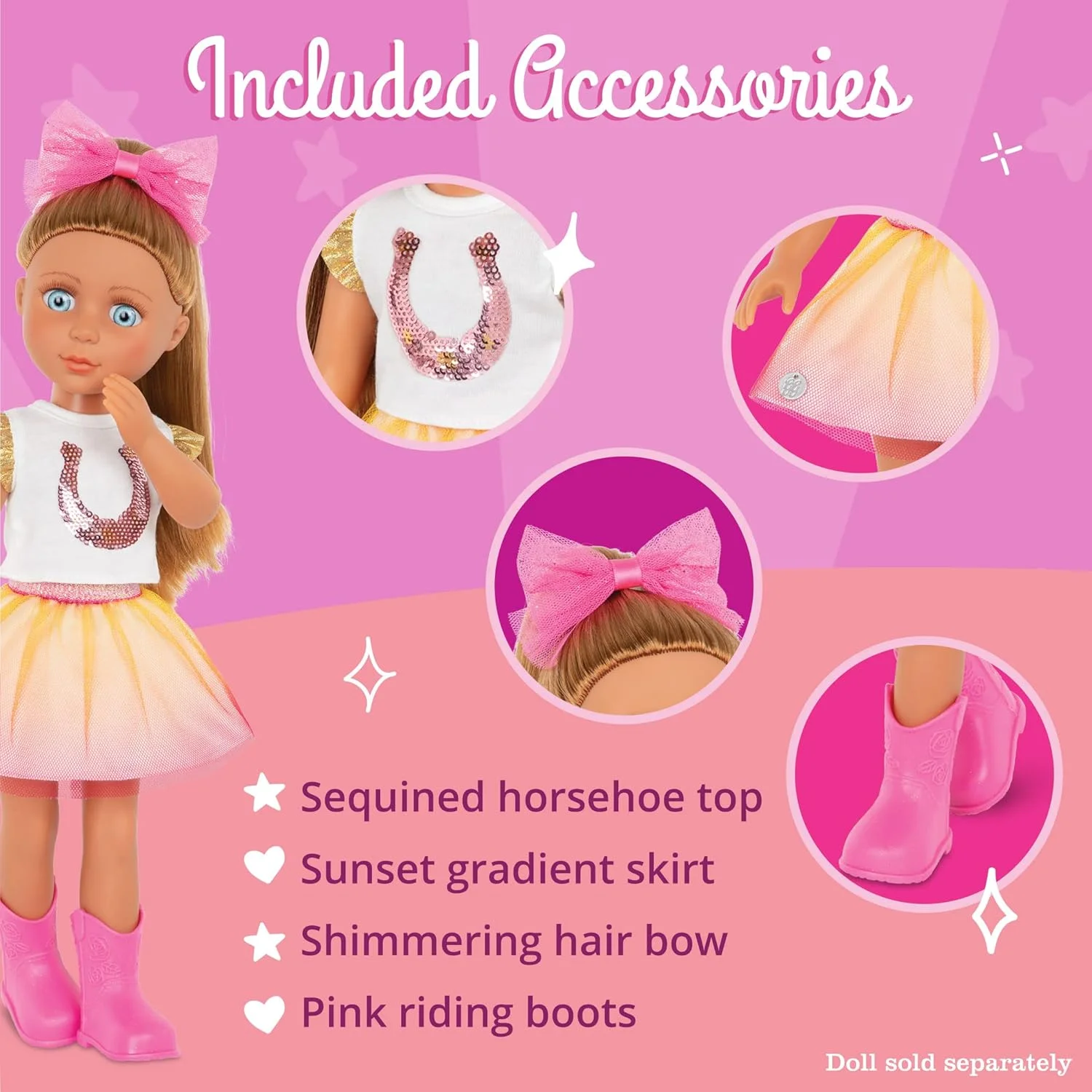 لباس عروسک Glitter Girls - لباس سوارکاری - تاپ و دامن نعل اسبی پولک دار - چکمه های سواری صورتی و پاپیون مو - 3 سال به بالا - نعل اسب خیره کننده لباس عروسک Glitter Girls - لباس سوارکاری - تاپ و دامن نعل اسبی پولک دار - چکمه های سواری صورتی و پاپیون مو - 3 سال به بالا - نعل اسب خیره کننده