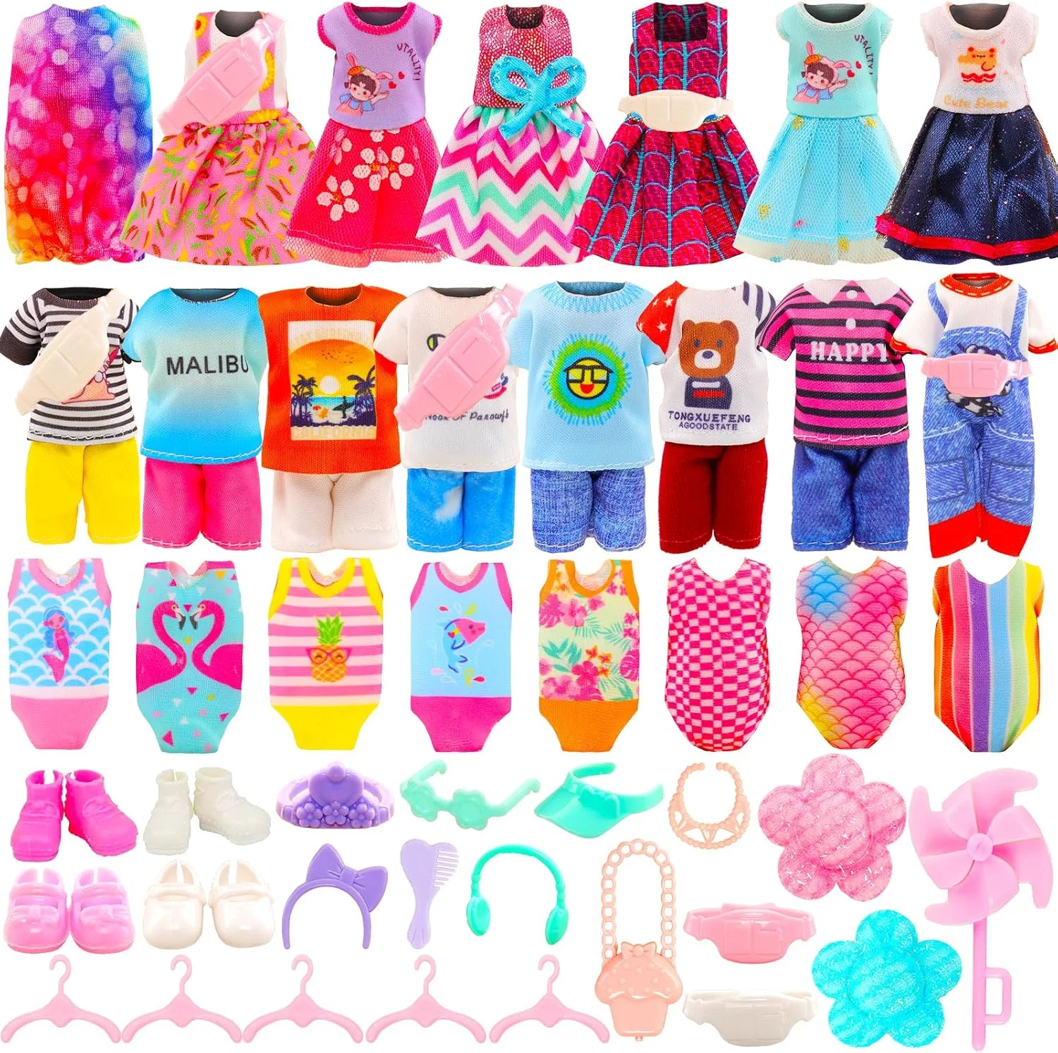 مجموعه 34 عددی لباس و لوازم جانبی عروسک ENOCHT مناسب برای عروسک های 5.3 اینچی شامل 4 پیراهن، 4 تاپ، 4 شلوار، 4 مایو، 4 کفش، 2 جیب، 2 کلاه، 5 چوب لباسی به همراه 9 لوازم جانبی برای ست لباس عروسک های 5.3 تا 6 اینچی