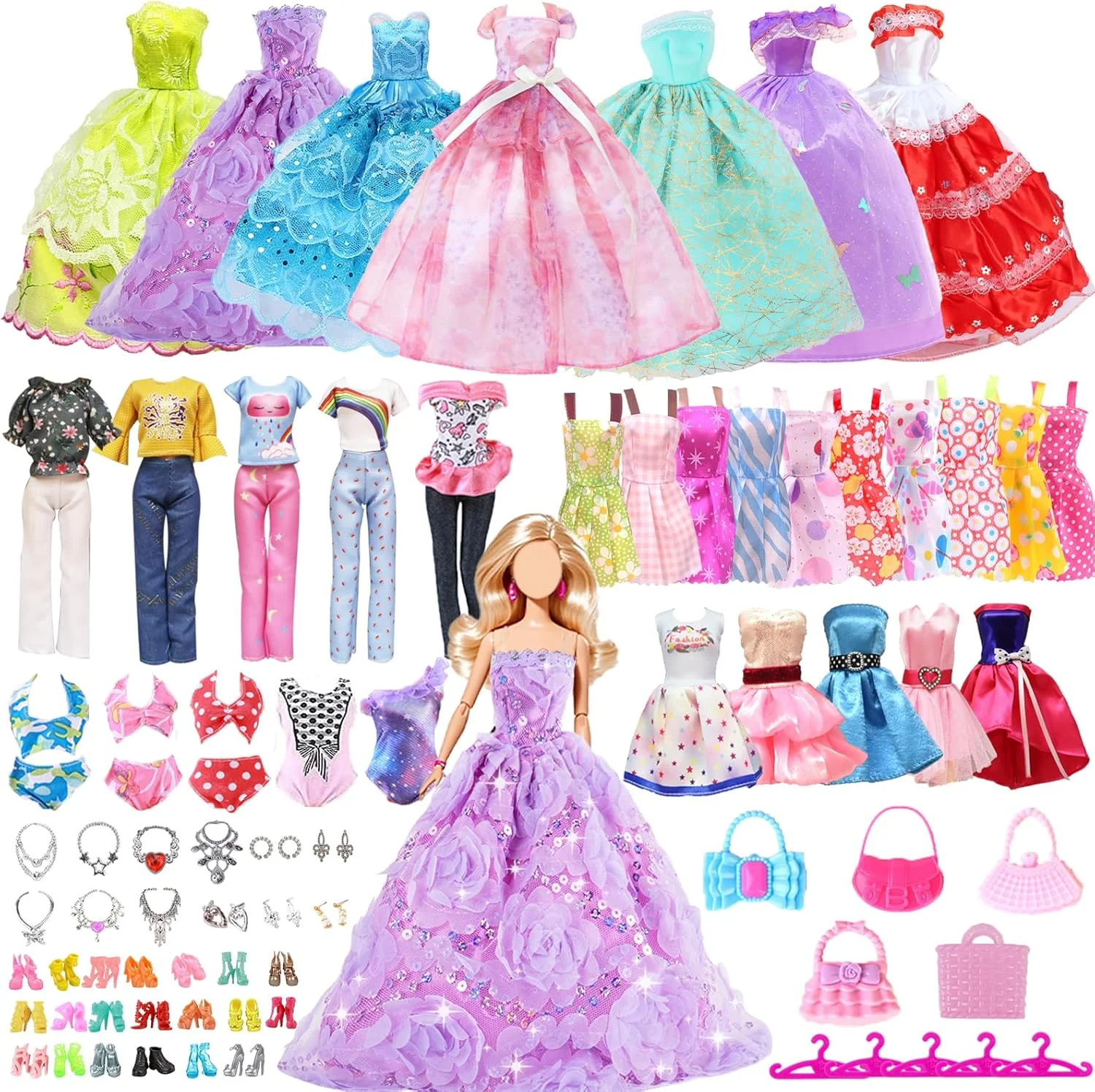 ست 63 تکه لباس و لوازم جانبی دست ساز عروسک شامل 5 لباس عروس، 10 دامن بند دار، 2 لباس فشن، 2 تاپ و شلوار، 2 بیکینی، 20 کفش، 5 چوب لباسی، 12 جواهرات، 5 کیف برای عروسک های 11.5 اینچی ست 63 تکه لباس و لوازم جانبی دست ساز عروسک شامل 5 لباس عروس، 10 دامن بند دار، 2 لباس فشن، 2 تاپ و شلوار، 2 بیکینی، 20 کفش، 5 چوب لباسی، 12 جواهرات، 5 کیف برای عروسک های 11.5 اینچی