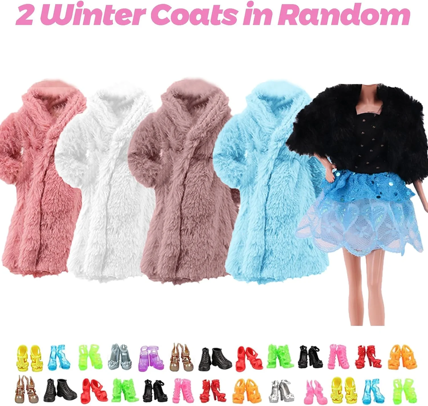 ست 70 تکه لباس و لوازم جانبی برای عروسک 11.5 اینچی شامل 7 لباس مهمانی، 5 تاپ، 5 شلوار، 2 کت زمستانی، 1 ژاکت، 1 شال گردن، 1 کلاه، 10 جفت کفش و 28 لوازم جانبی به صورت تصادفی، هدیه کریسمس برای دختر و پسر
