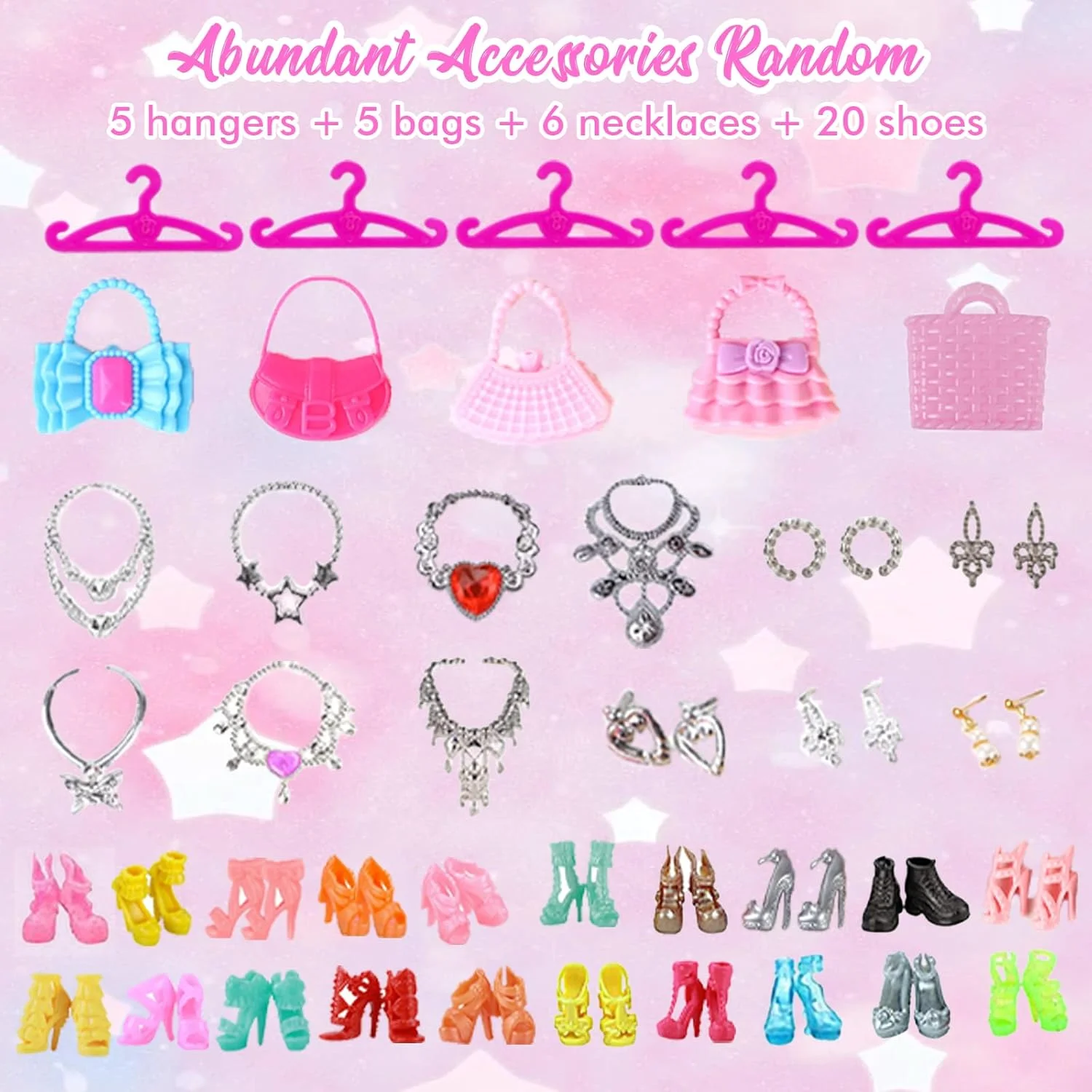 ست 63 تکه لباس و لوازم جانبی دست ساز عروسک شامل 5 لباس عروس، 10 دامن بند دار، 2 لباس فشن، 2 تاپ و شلوار، 2 بیکینی، 20 کفش، 5 چوب لباسی، 12 جواهرات، 5 کیف برای عروسک های 11.5 اینچی