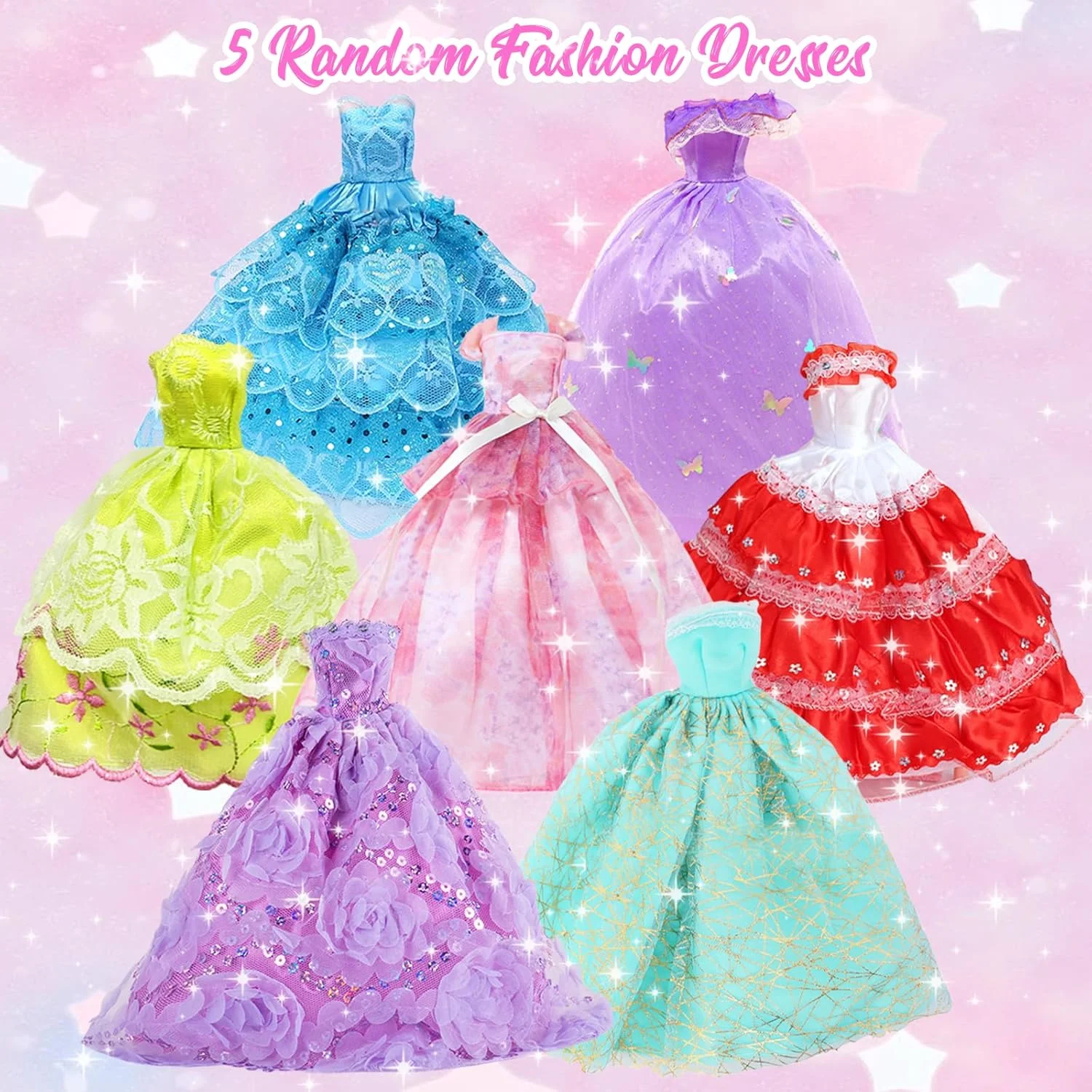 ست 63 تکه لباس و لوازم جانبی دست ساز عروسک شامل 5 لباس عروس، 10 دامن بند دار، 2 لباس فشن، 2 تاپ و شلوار، 2 بیکینی، 20 کفش، 5 چوب لباسی، 12 جواهرات، 5 کیف برای عروسک های 11.5 اینچی