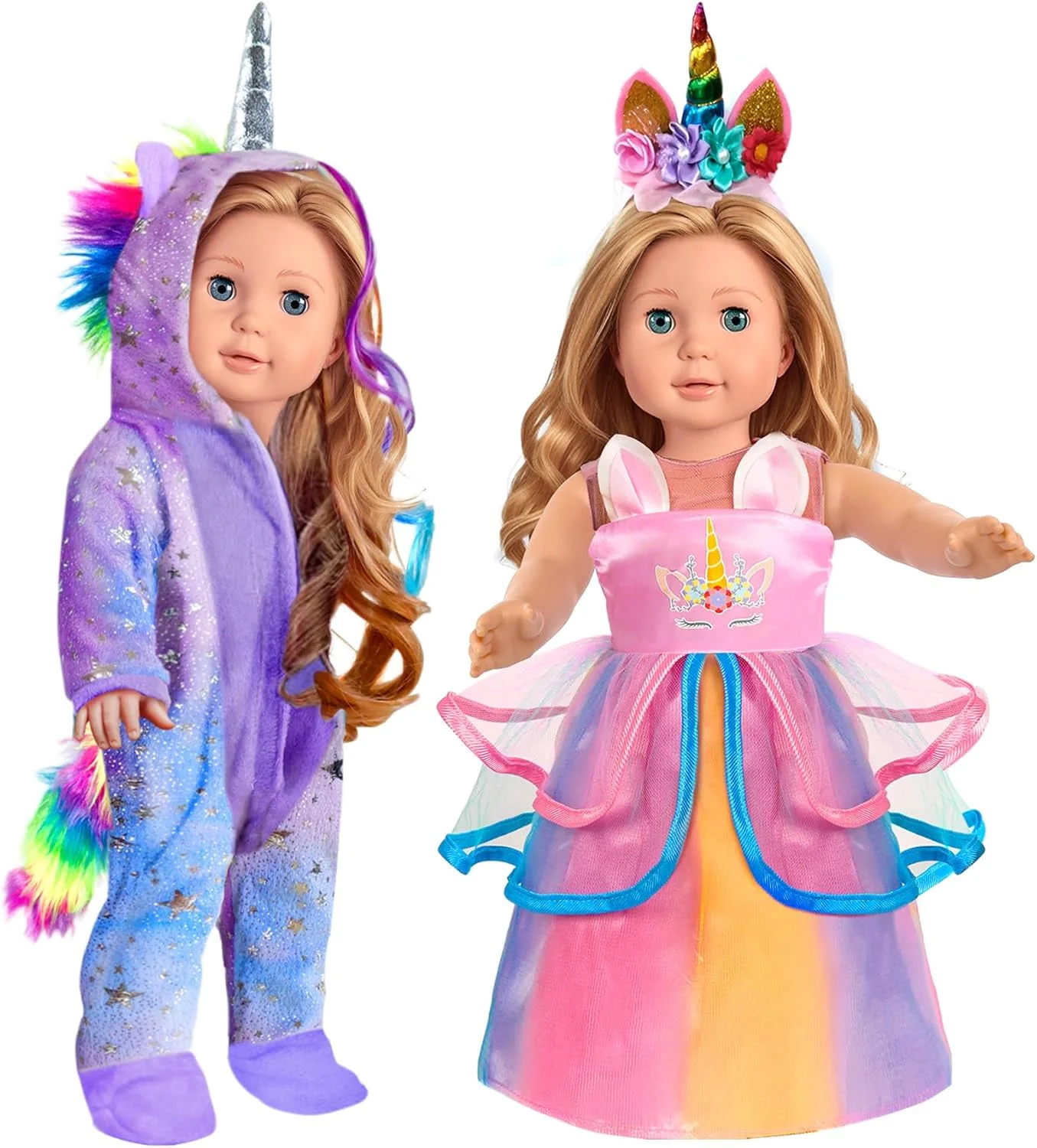 ست لباس عروسک 18 اینچی WONDOLL - لباس تک شاخ با گیره مو و هدبند - سازگار با تمام لوازم جانبی عروسک های 18 اینچی برای کودکان - بنفش