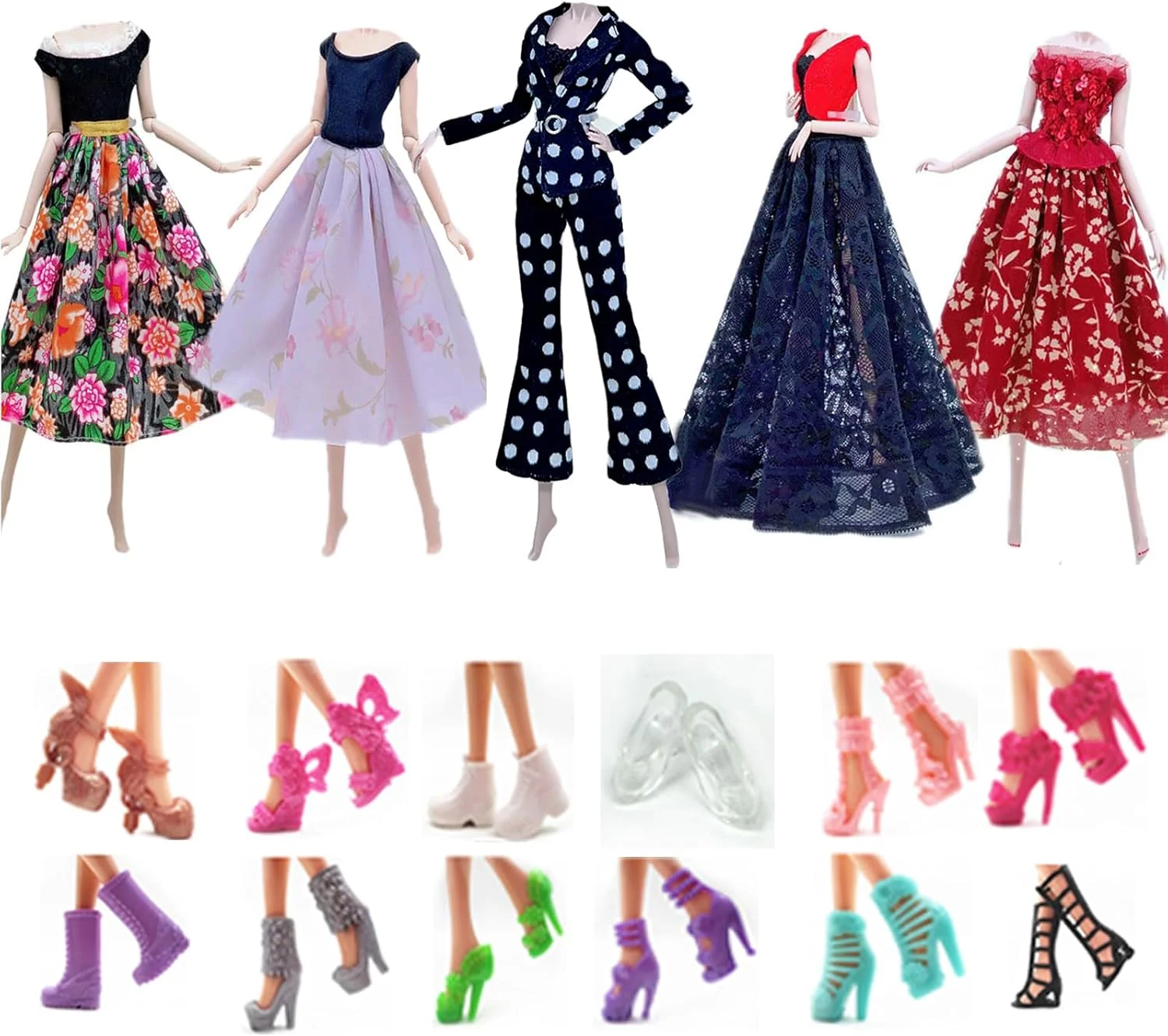 لباس و لوازم جانبی عروسک مد، 5 ست لباس عروسک + 12 جفت کفش با استایل تصادفی برای عروسک های دخترانه 11.5 اینچی (استایل E)