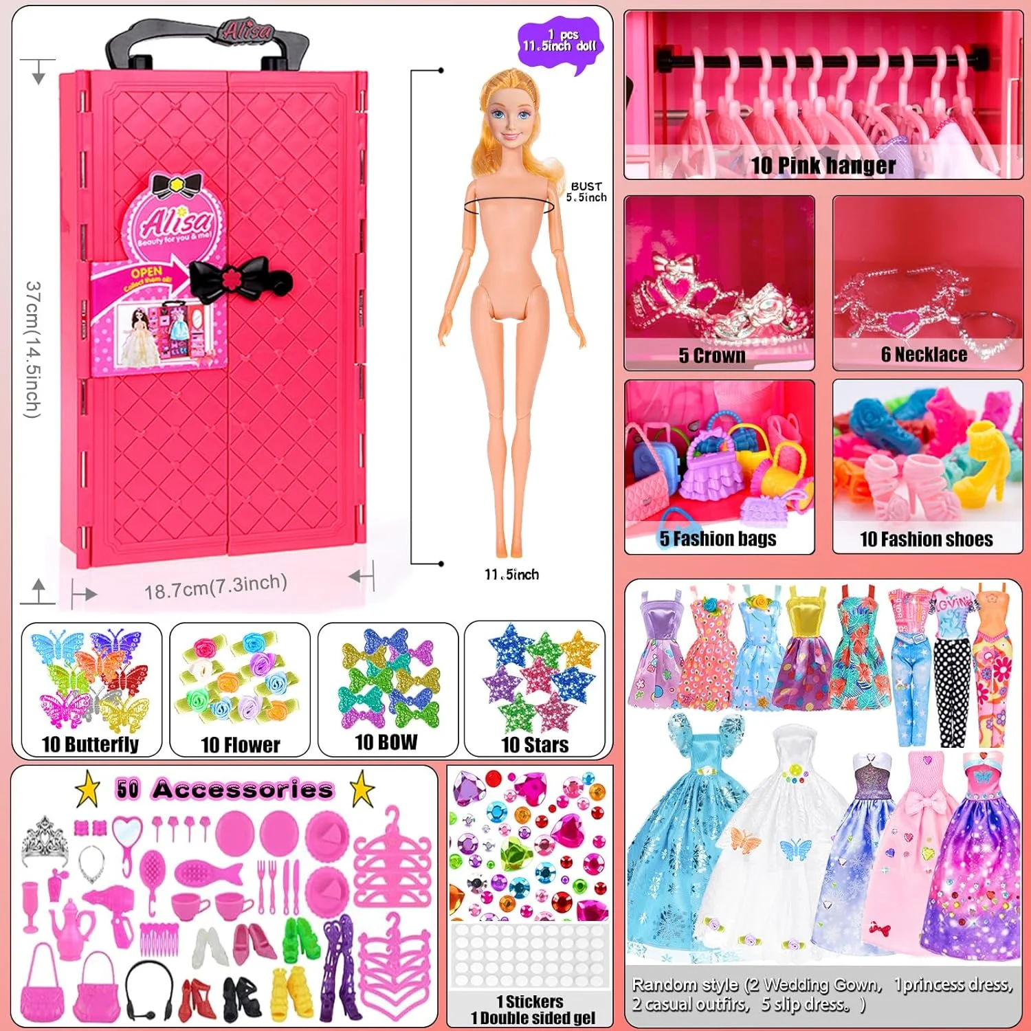 مجموعه 145 عددی لباس و کمد عروسک ebuddy، کمد لباس مد DIY، لباس و لوازم جانبی عروسک شامل عروسک، کمد لباس، لباس عروسی، کفش، گردنبند، کیف و موارد دیگر برای عروسک 11.5 اینچی (یک عروسک) مجموعه 145 عددی لباس و کمد عروسک ebuddy، کمد لباس مد DIY، لباس و لوازم جانبی عروسک شامل عروسک، کمد لباس، لباس عروسی، کفش، گردنبند، کیف و موارد دیگر برای عروسک 11.5 اینچی (یک عروسک)