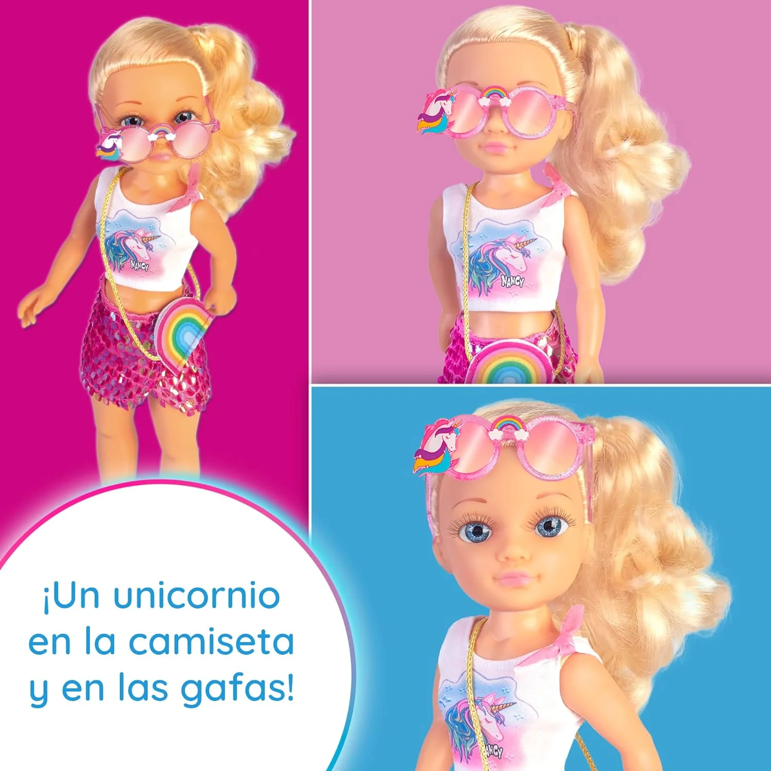 نانسی - ست لباس عروسک فشن مدل تکشاخ برای یک روز با لوازم جانبی، تی شرت، دامن صورتی، کیف رنگین کمانی و عینک آفتابی بازتابنده، 3 سال به بالا، فاموسا (NAC27000)
