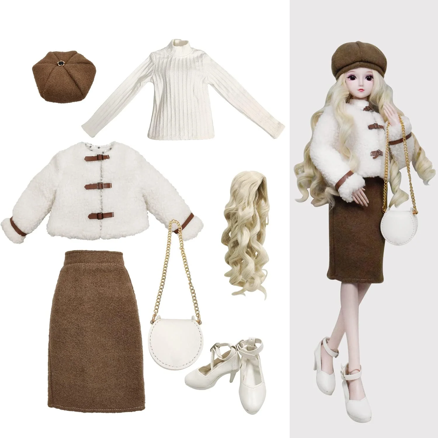 لباس عروسک Proudoll 1/3 BJD مناسب عروسک های مفصلی 60 سانتی متری، شامل کلاه بره، کلاه گیس، ژاکت، دامن مدادی، پیراهن آستین بلند، کیف کراس بادی و کفش لباس عروسک Proudoll 1/3 BJD مناسب عروسک های مفصلی 60 سانتی متری، شامل کلاه بره، کلاه گیس، ژاکت، دامن مدادی، پیراهن آستین بلند، کیف کراس بادی و کفش