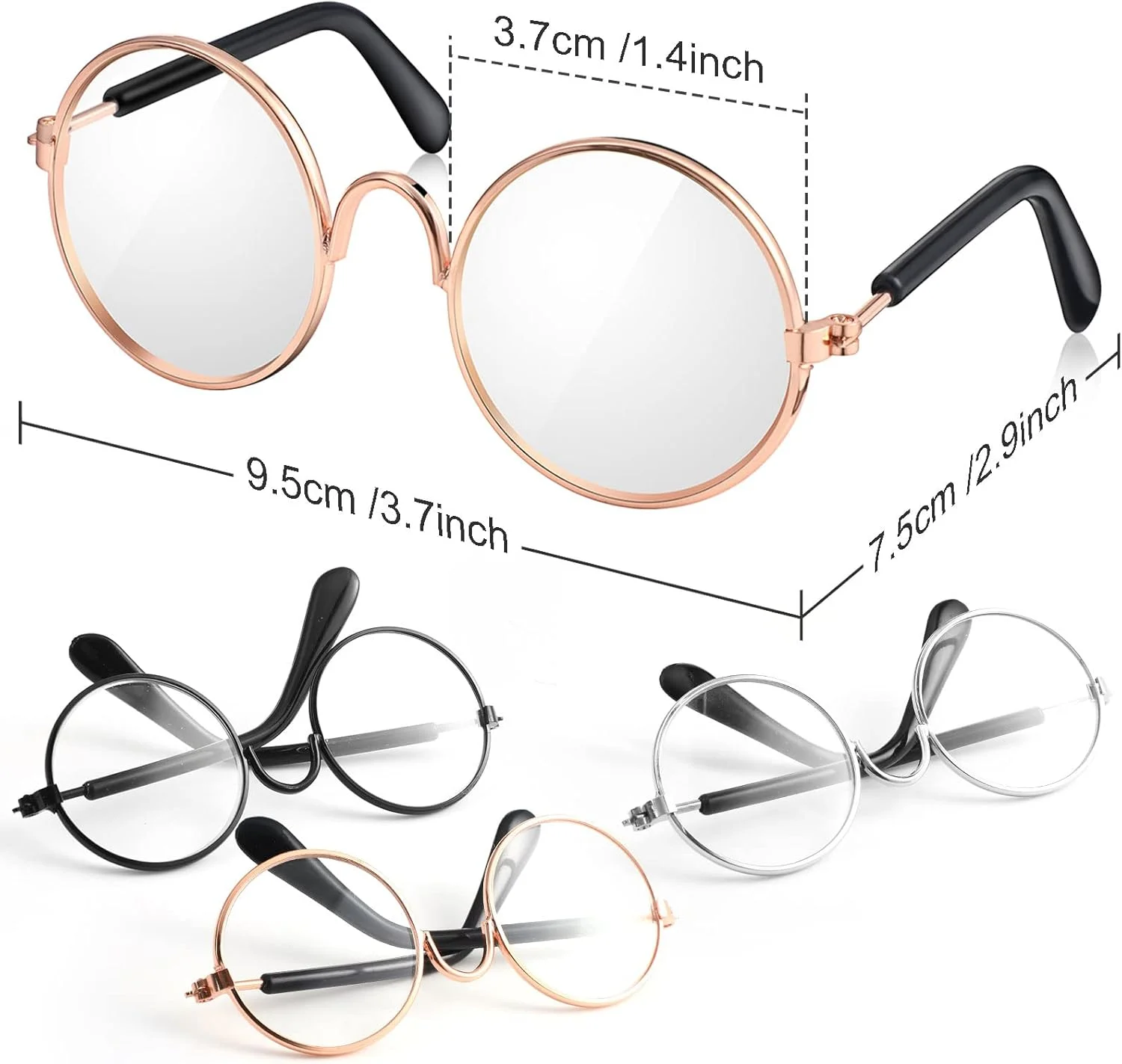 Zjoey 9 جفت عینک عروسکی با قاب فلزی و لنز شفاف، لباس عروسکی، عینک های مینیاتوری، لوازم جانبی لباس برای عروسک 8 اینچی و پولیشی (6 عدد 3.74 اینچی، مناسب برای عروسک 18 اینچی و سگ)