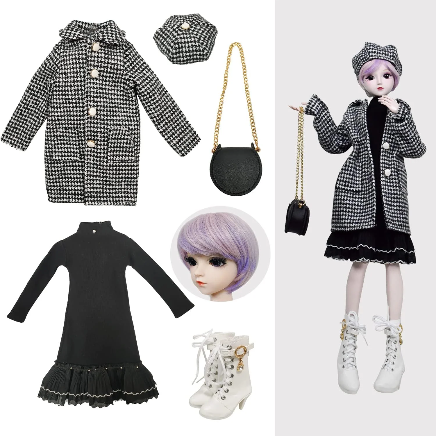 ست لباس عروسک Proudoll 1/3 BJD - شامل کت شیک چهارخانه سیاه و سفید دست ساز، کلاه بره، لباس، کلاه گیس بنفش، کیف چرمی و چکمه، سازگار با عروسک های SD 1/3 60 سانتی متری 24 اینچی