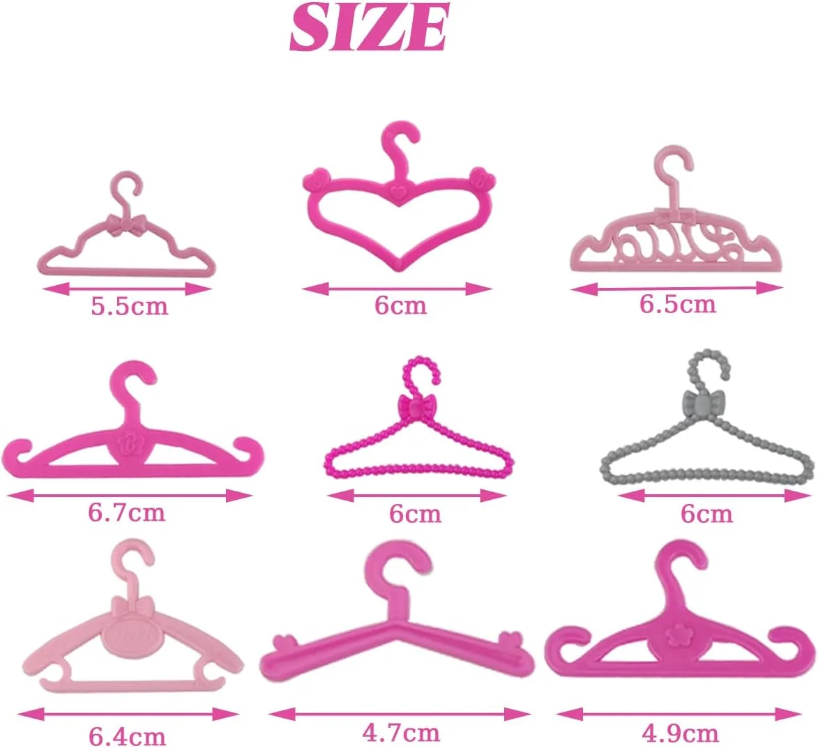 GXXMEI 108 عدد مینی چوب لباسی لباس عروسک، اسباب بازی های پلاستیکی صورتی خاکستری آویز لباس کمد لوازم جانبی برای لباس عروسک 11.5 اینچی، لباس مجلسی، 9 مدل بسته بندی مخلوط