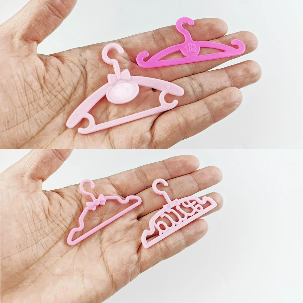 GXXMEI 108 عدد مینی چوب لباسی لباس عروسک، اسباب بازی های پلاستیکی صورتی خاکستری آویز لباس کمد لوازم جانبی برای لباس عروسک 11.5 اینچی، لباس مجلسی، 9 مدل بسته بندی مخلوط