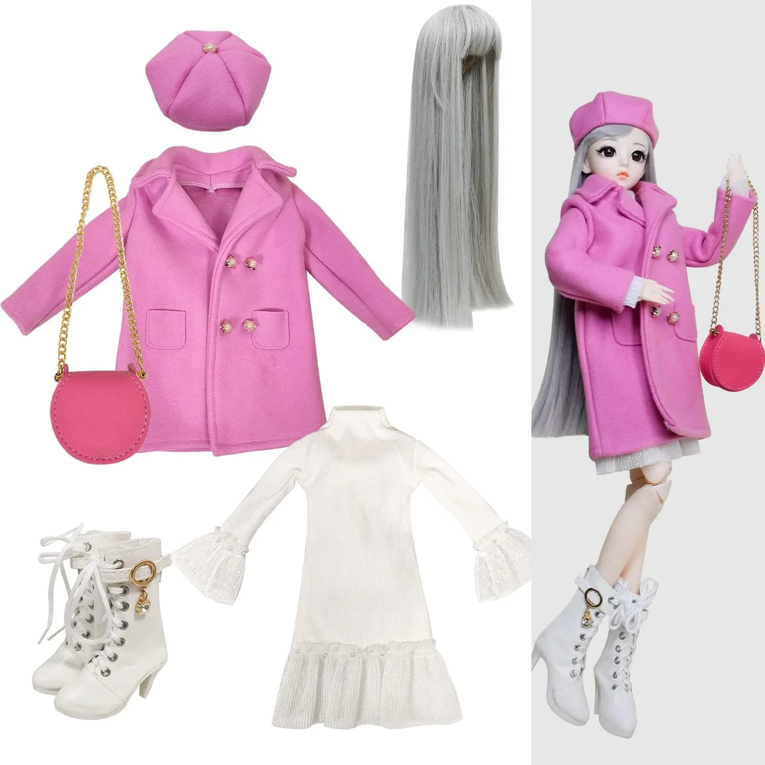 ست لباس عروسک Proudoll 1/3 BJD - کت قرمز رز شیک دست ساز، برت، لباس، کلاه گیس، کیف چرمی و چکمه، سازگار با عروسک های 1/3 60 سانتی متری 24 اینچی SD