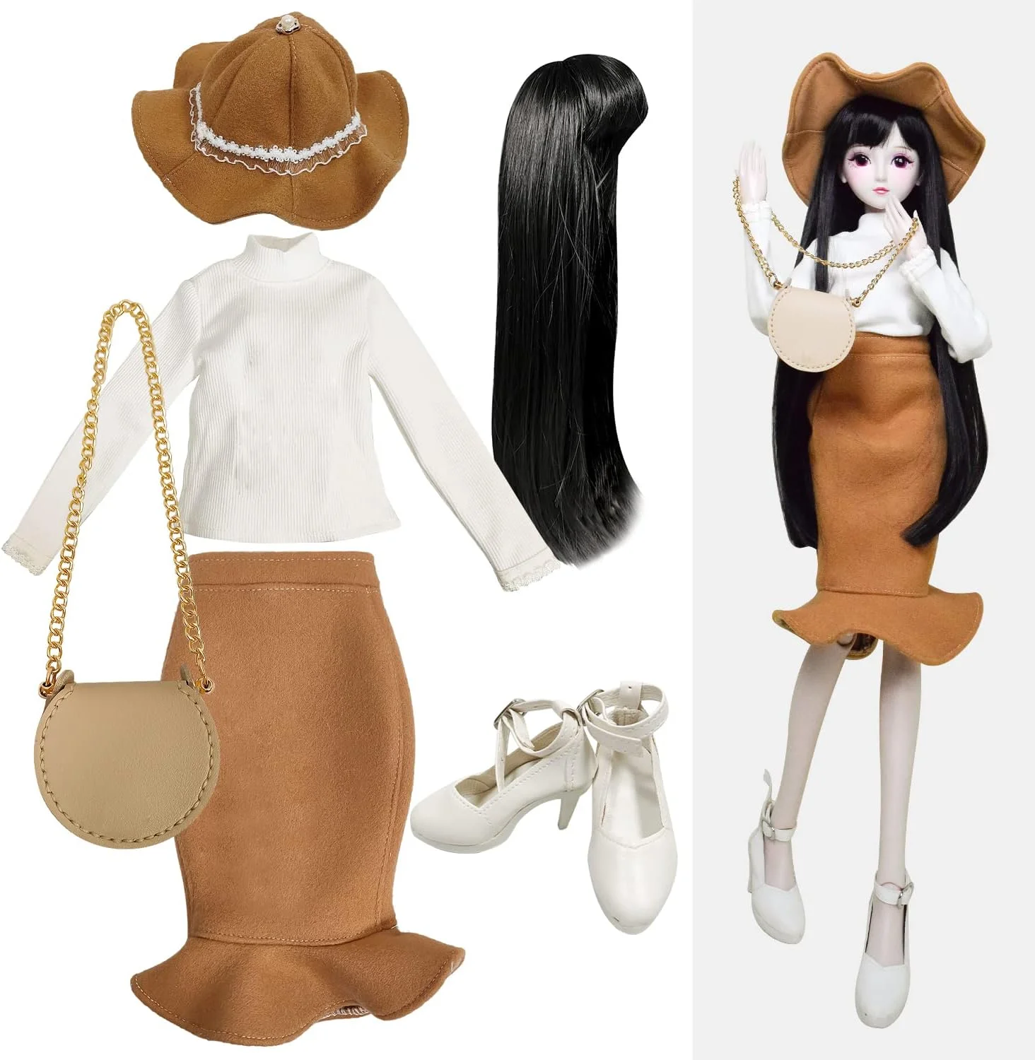 ست لباس عروسک Proudoll 1/3 BJD، شامل پیراهن آستین بلند شیک دست ساز، دامن قهوه ای، کلاه، کلاه گیس، کیف کراس بادی و پاشنه بلند، سازگار با عروسک های 1/3 60 سانتی متری 24 اینچی SD