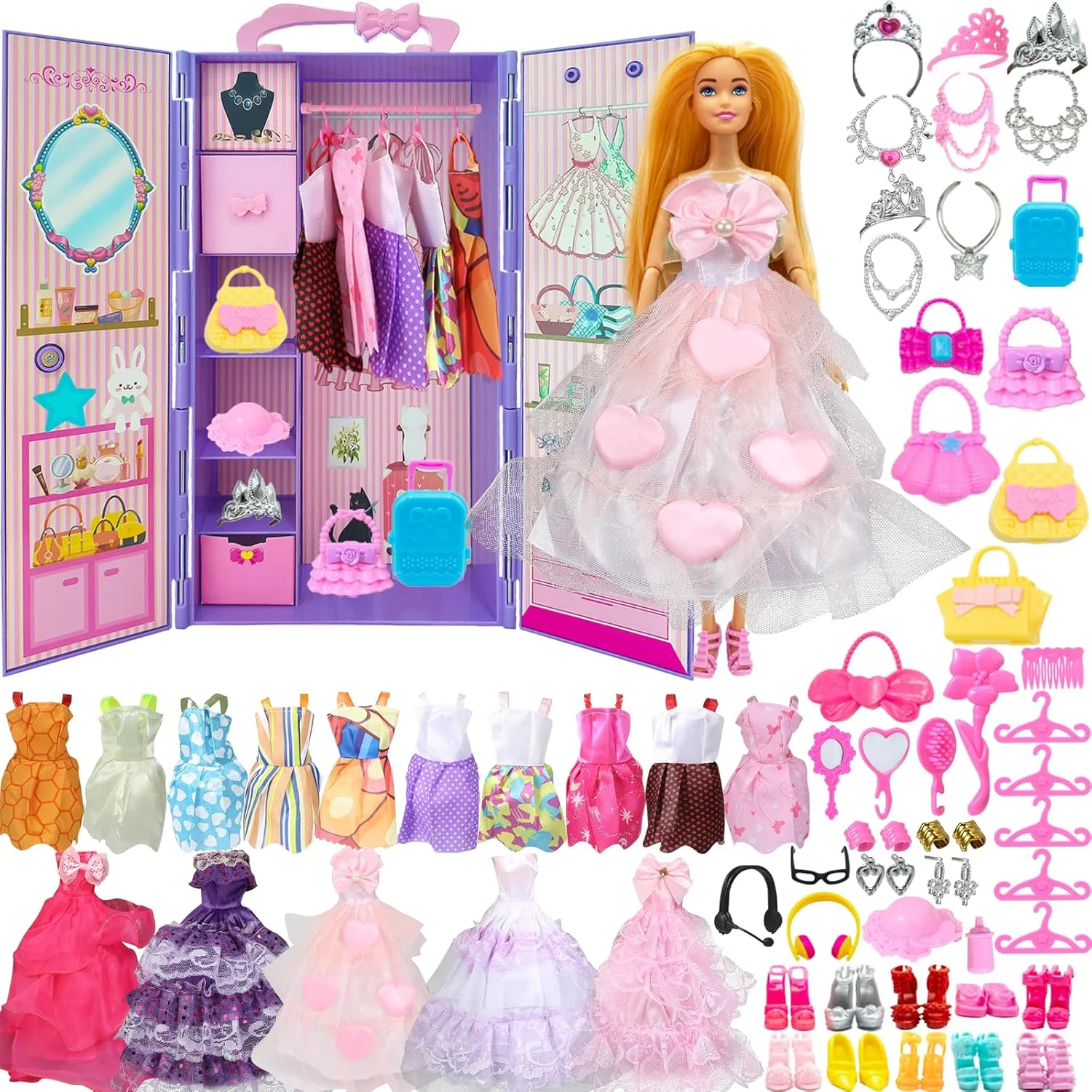 کمد لباس عروسک یوتوی با 68 قطعه، عروسک، لباس و لوازم جانبی برای عروسک های 11.5 اینچی، ست لباس پوشیدن دخترانه - کمد لباس قرمز