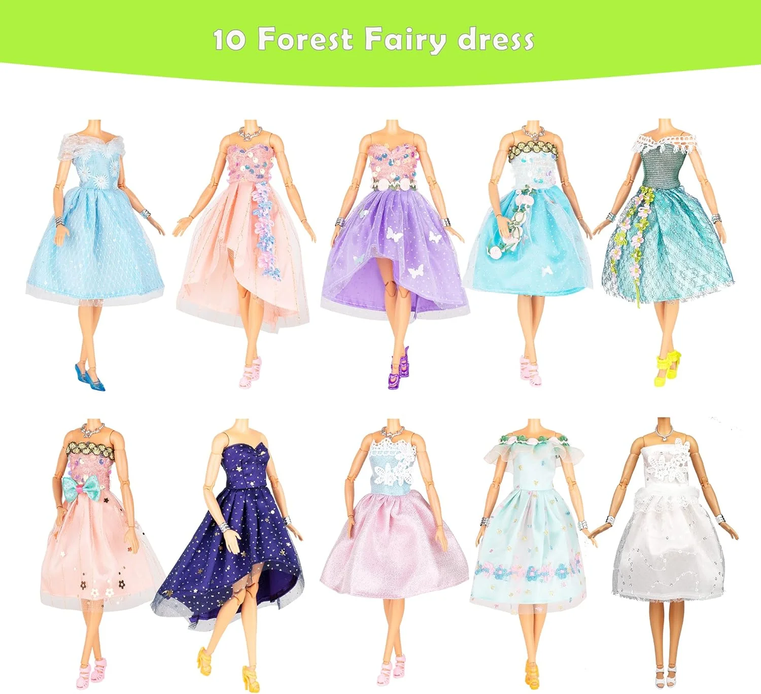 بسته 39 عددی لباس و لوازم جانبی عروسک Keysse، جدیدترین لباس پری جنگلی منحصر به فرد و مد روز برای عروسک ها، 10 لباس پری، 10 لباس مینی و 9 لوازم جانبی، 10 کفش