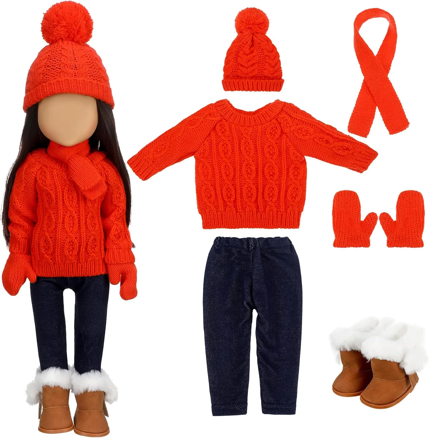 لباس و لوازم جانبی عروسک 18 اینچی کریسمس Bencailor، ست لباس زمستانی عروسک شامل ژاکت، شلوار، کلاه، دستکش، کفش و شال گردن برای هدیه دخترانه عروسک 18 اینچی (نارنجی قرمز، سبک رنگ ثابت)