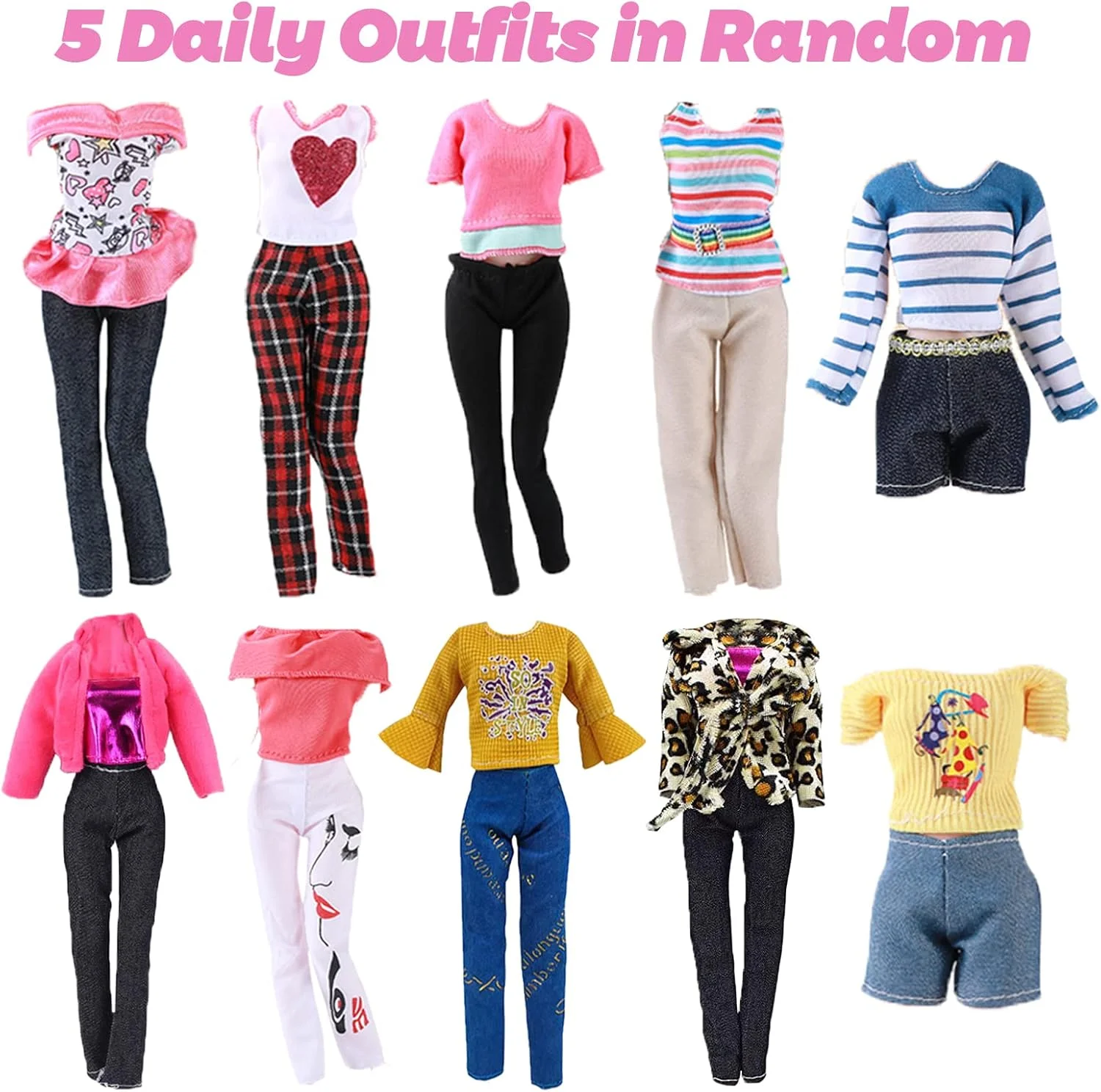 70 تکه لباس برای عروسک های 11.5 اینچی، 7 لباس فشن، 5 تاپ، 5 شلوار، 1 ژاکت، 1 ست ژاکت پولیشی، 1 تاپ پولیشی، 1 شال گردن، 1 کلاه، 10 جفت کفش، 10 چوب لباسی، 18 اکسسوری برای عروسک های 11.5 اینچی