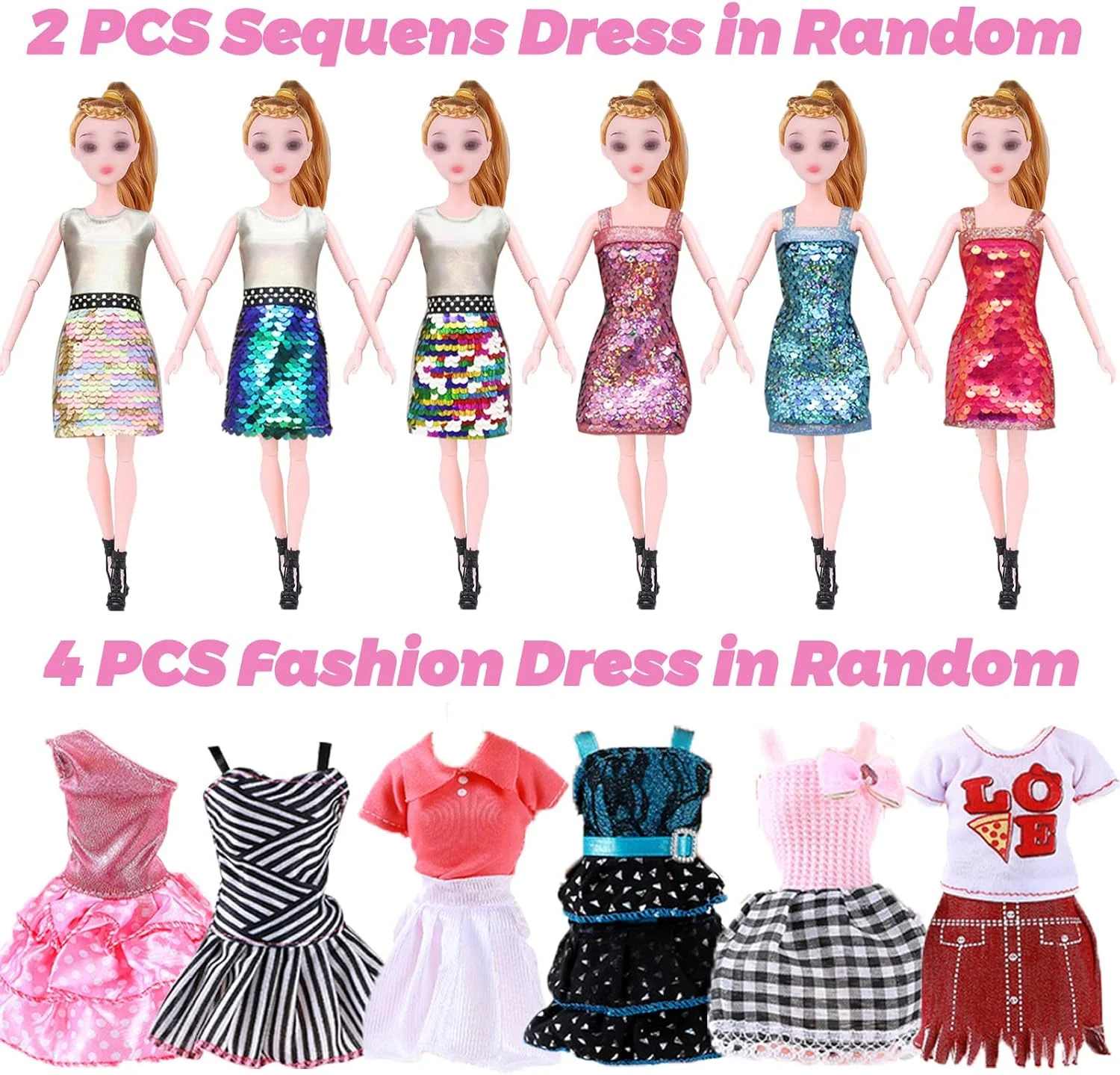 70 تکه لباس برای عروسک های 11.5 اینچی، 7 لباس فشن، 5 تاپ، 5 شلوار، 1 ژاکت، 1 ست ژاکت پولیشی، 1 تاپ پولیشی، 1 شال گردن، 1 کلاه، 10 جفت کفش، 10 چوب لباسی، 18 اکسسوری برای عروسک های 11.5 اینچی