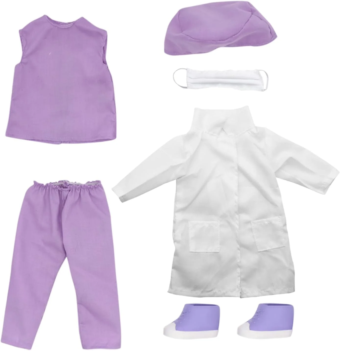 ست لباس و لوازم جانبی دکتر برای عروسک های 18 اینچی New Adventures Style Girls - مجموعه 15 تکه لباس و لوازم جانبی، لباس پوشیدن، لوازم جانبی عروسک، بنفش سفید و صورتی