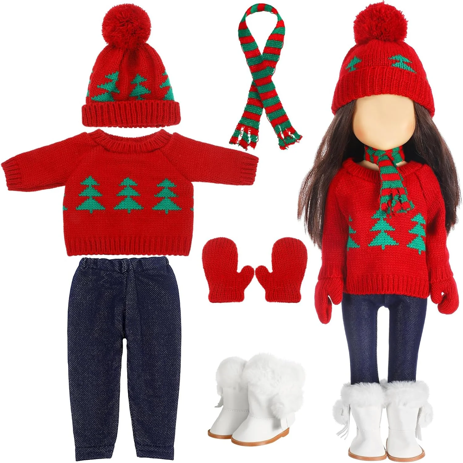 لباس و لوازم جانبی زمستانی عروسک 18 اینچی Bencailor، ست لباس عروسک زمستانی شامل ژاکت، شلوار، کلاه و کفش مناسب برای هدیه عروسک 18 اینچی (قرمز سفید سبز)