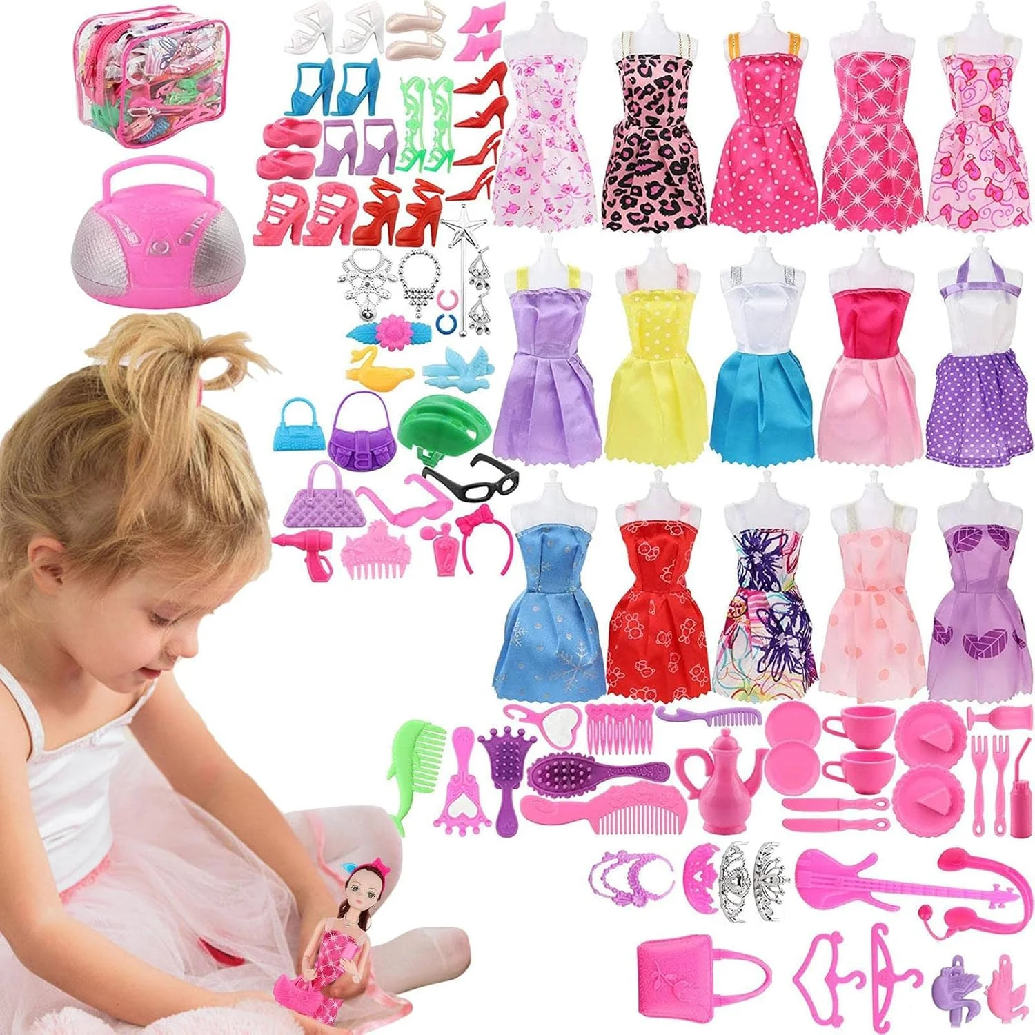 ست لباس و لوازم جانبی عروسک | لباس و لوازم جانبی عروسک شامل 15 دامن کوتاه، 90 کفش، جواهرات، گردنبند و لوازم جانبی | هدیه خلاقانه جوراب کریسمس عروسک برای دختران