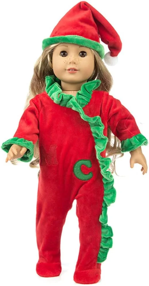 ست لباس عروسک کریسمس قرمز و سبز 18 اینچی، شامل شنل، لباس و کت و شلوار عروسک مناسب برای هدیه تولد کریسمس دخترانه، 3 تکه