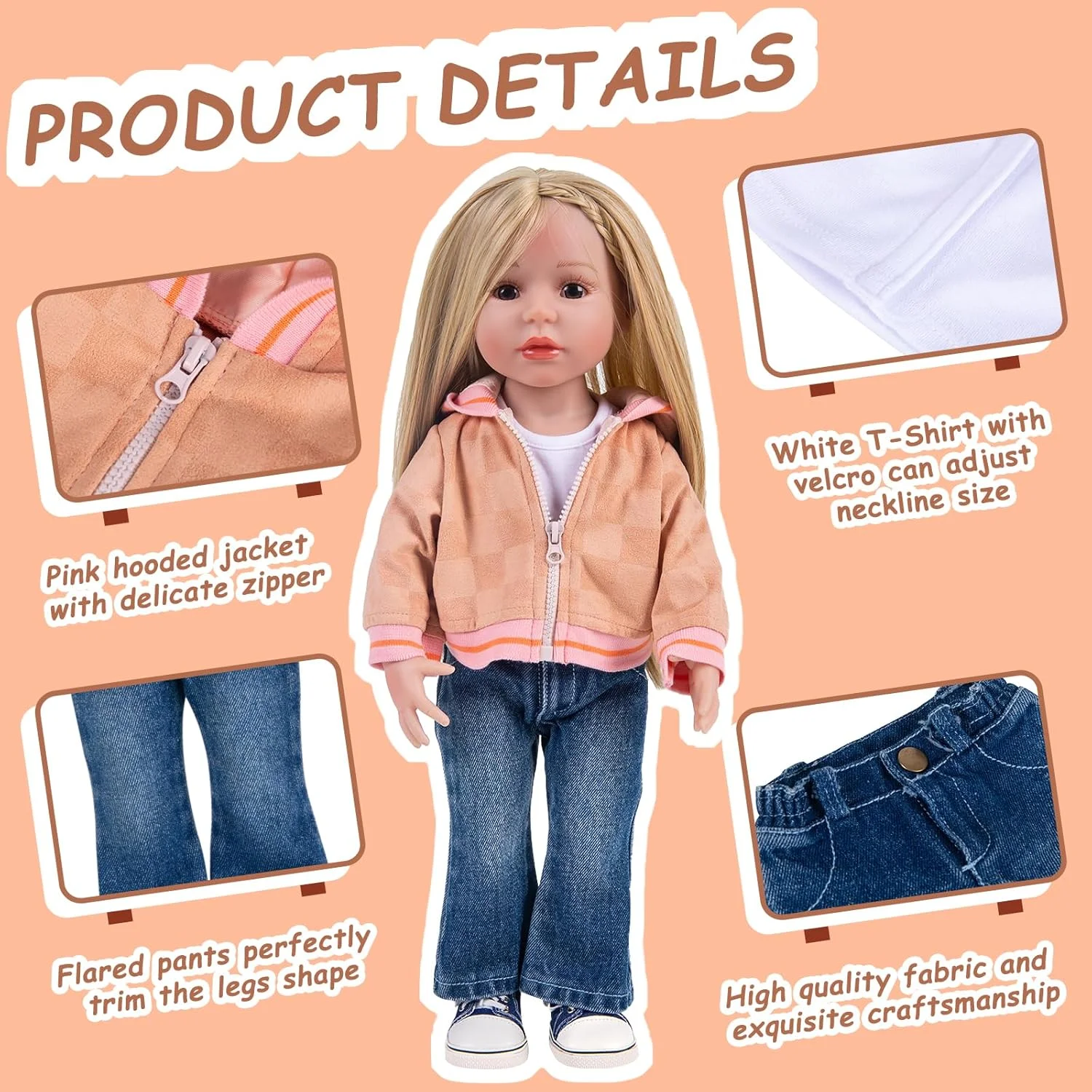 ست 3 تکه لباس عروسک Rakki Dolli شامل کت صورتی و خاکستری، شلوار جین آبی و تی شرت سفید، مناسب برای لباس عروسک (بدون عروسک و کفش) 027