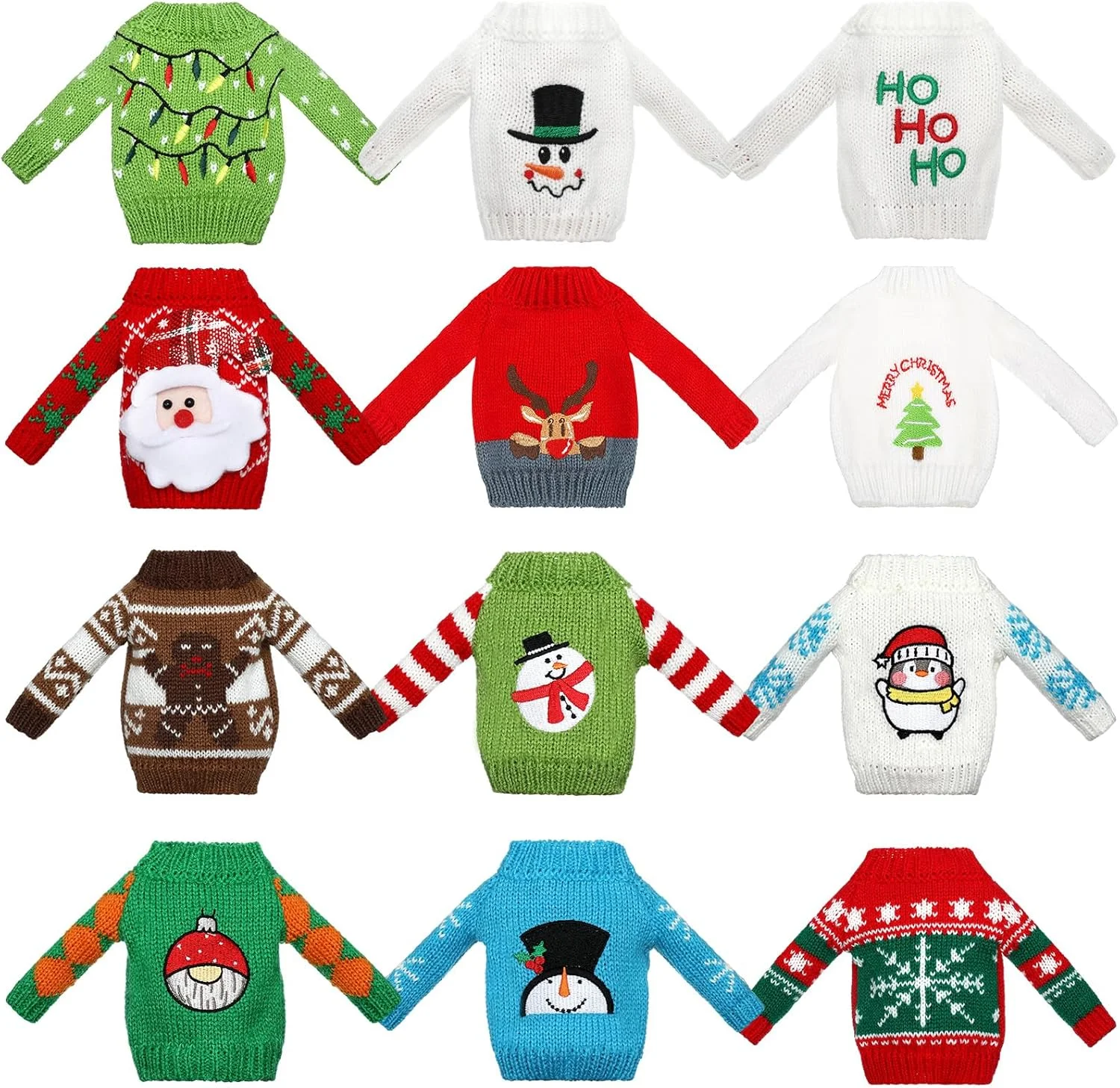 ست 12 عددی لوازم جانبی کریسمس الف، لباس بافتنی عروسکی، ست لباس بافتنی عروسک الف، لباس بافتنی طرح گوزن شمالی و دانه برف، ست لوازم جانبی کریسمس برای دکوراسیون عروسک الف (سبک روشن)