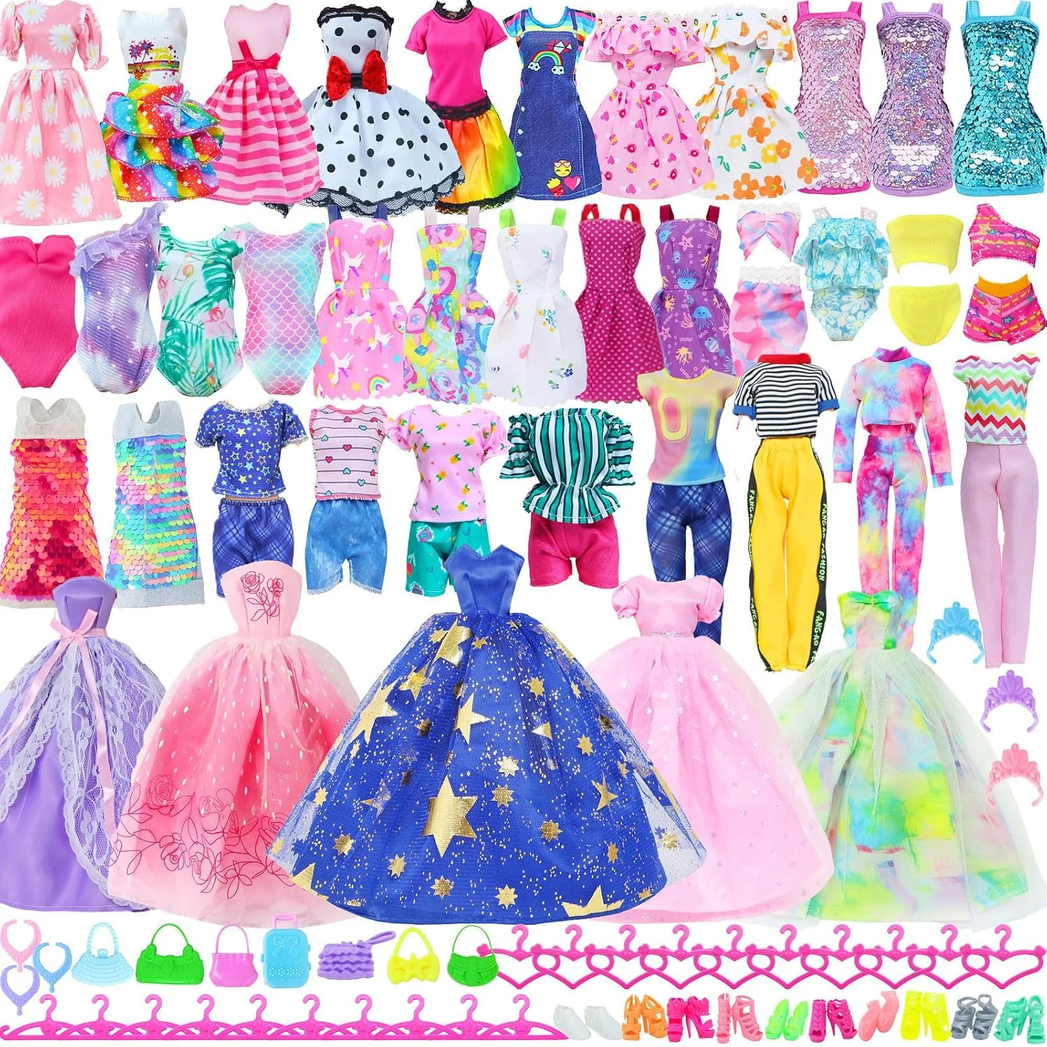ست لباس و لوازم جانبی عروسک 65 تکه شامل 5 لباس مد، 3 لباس عروسی، 5 دامن زیر، 4 ست لباس تاپ و شلوار، 3 مایو بیکینی، 20 کفش، 20 چوب لباسی، 5 تاج برای عروسک های دخترانه 11.5 اینچی