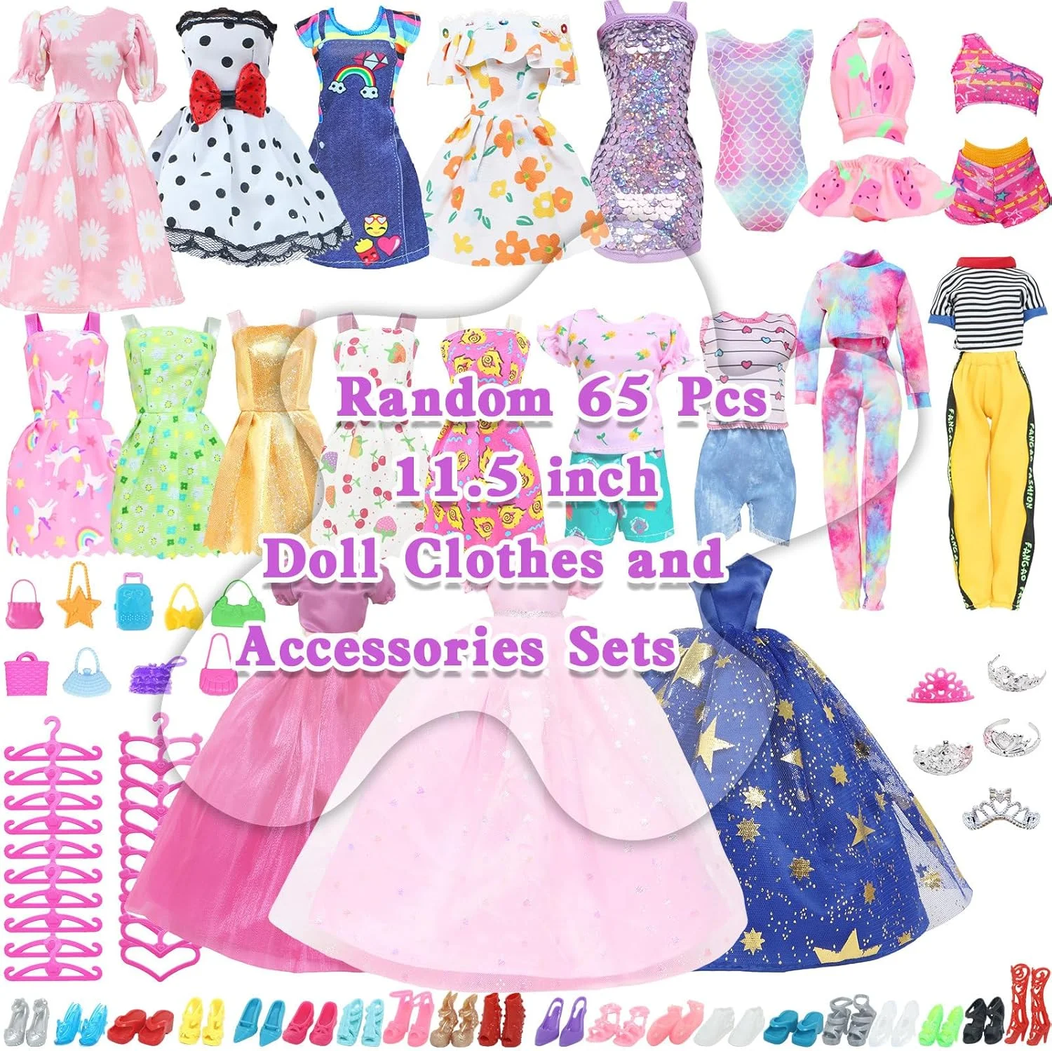 ست لباس و لوازم جانبی عروسک 65 تکه شامل 5 لباس مد، 3 لباس عروسی، 5 دامن زیر، 4 ست لباس تاپ و شلوار، 3 مایو بیکینی، 20 کفش، 20 چوب لباسی، 5 تاج برای عروسک های دخترانه 11.5 اینچی