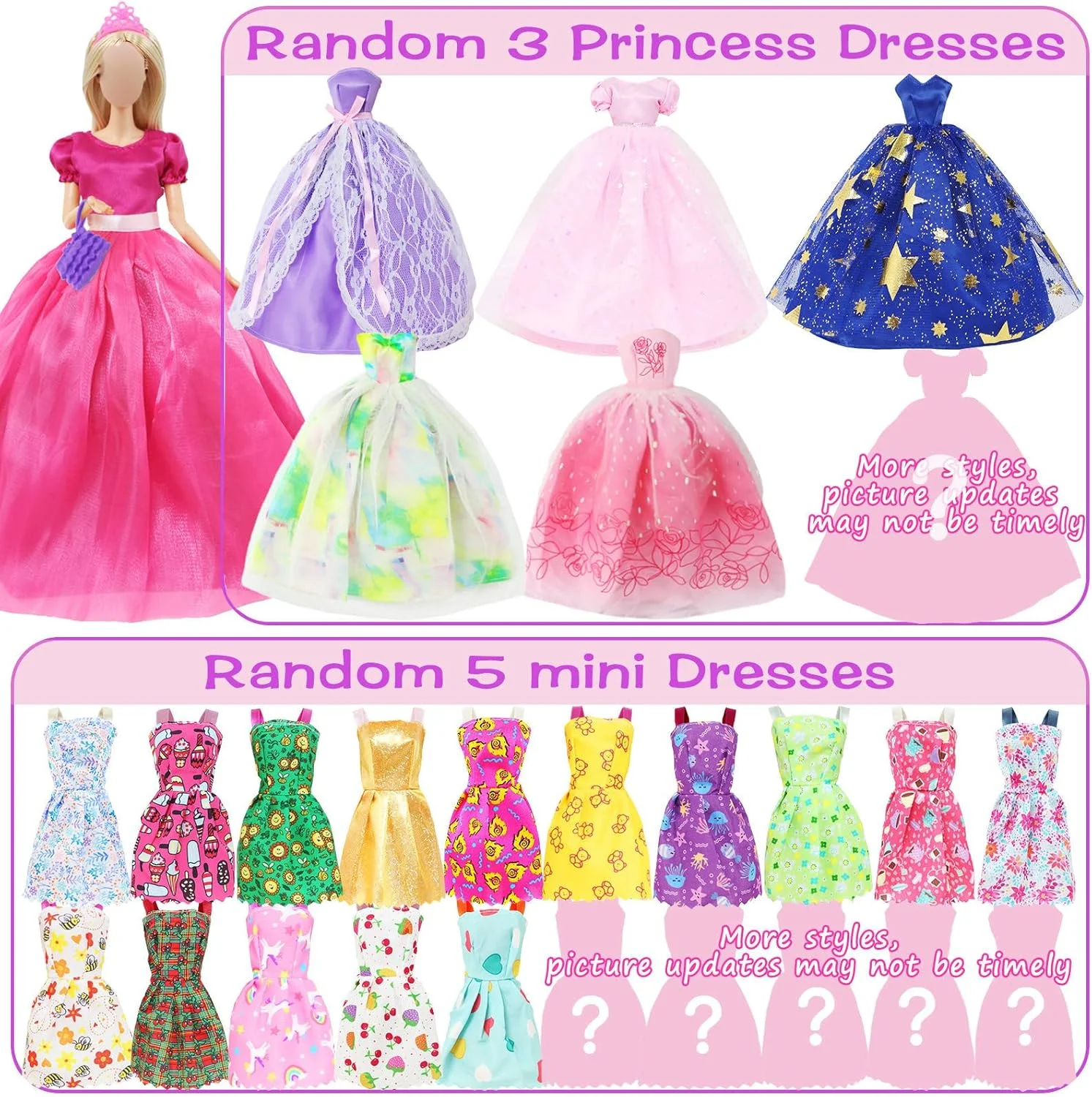 ست لباس و لوازم جانبی عروسک 65 تکه شامل 5 لباس مد، 3 لباس عروسی، 5 دامن زیر، 4 ست لباس تاپ و شلوار، 3 مایو بیکینی، 20 کفش، 20 چوب لباسی، 5 تاج برای عروسک های دخترانه 11.5 اینچی