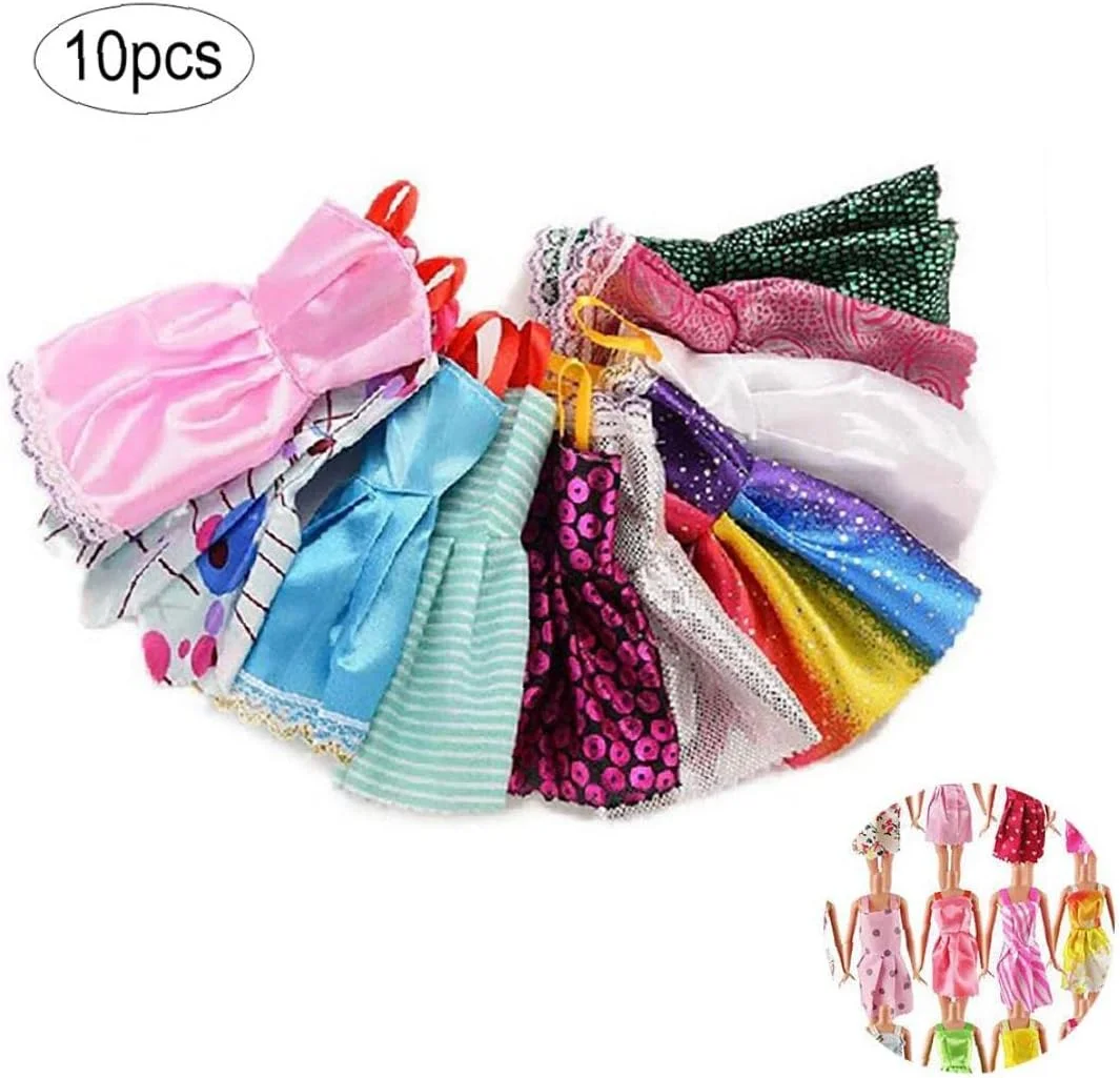 ست لباس عروسک نفیس برای عروسک های دخترانه 11.5 اینچی، عروسک بازی با لباس های بند دار و مینی دامن، 10 عدد در هر ست (تصادفی)، اسباب بازی عروسک