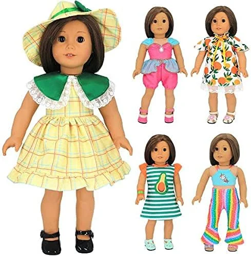 ست 5 تکه لباس بهاری و تابستانی عروسک دخترانه آمریکایی 18 اینچی طرح 2021 (رنگین کمان آستین افتاده)