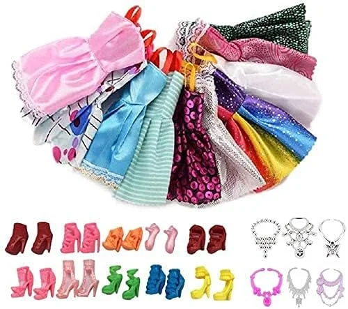 26 تکه لوازم جانبی - 10 عدد لباس مجلسی برای عروسک های بار-بی + 10 جفت کفش لوازم جانبی عروسک + 6 عدد گردنبند عروسک برای عروسک برای کودکان اسباب بازی هدیه طراحی ماهرانه