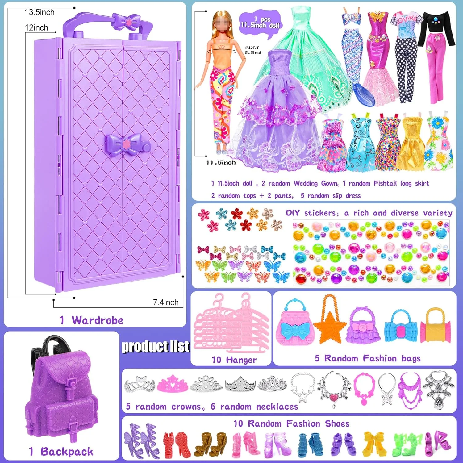 عروسک دخترانه 29 سانتی متری iBayda با 92 قطعه لباس، لوازم جانبی و ست کمد شامل لباس های بلند پرنسسی، کفش، کیف دستی، گردنبند، استیکرهای مهره ای DIY برای کیت طراحی لباس عروسک دخترانه