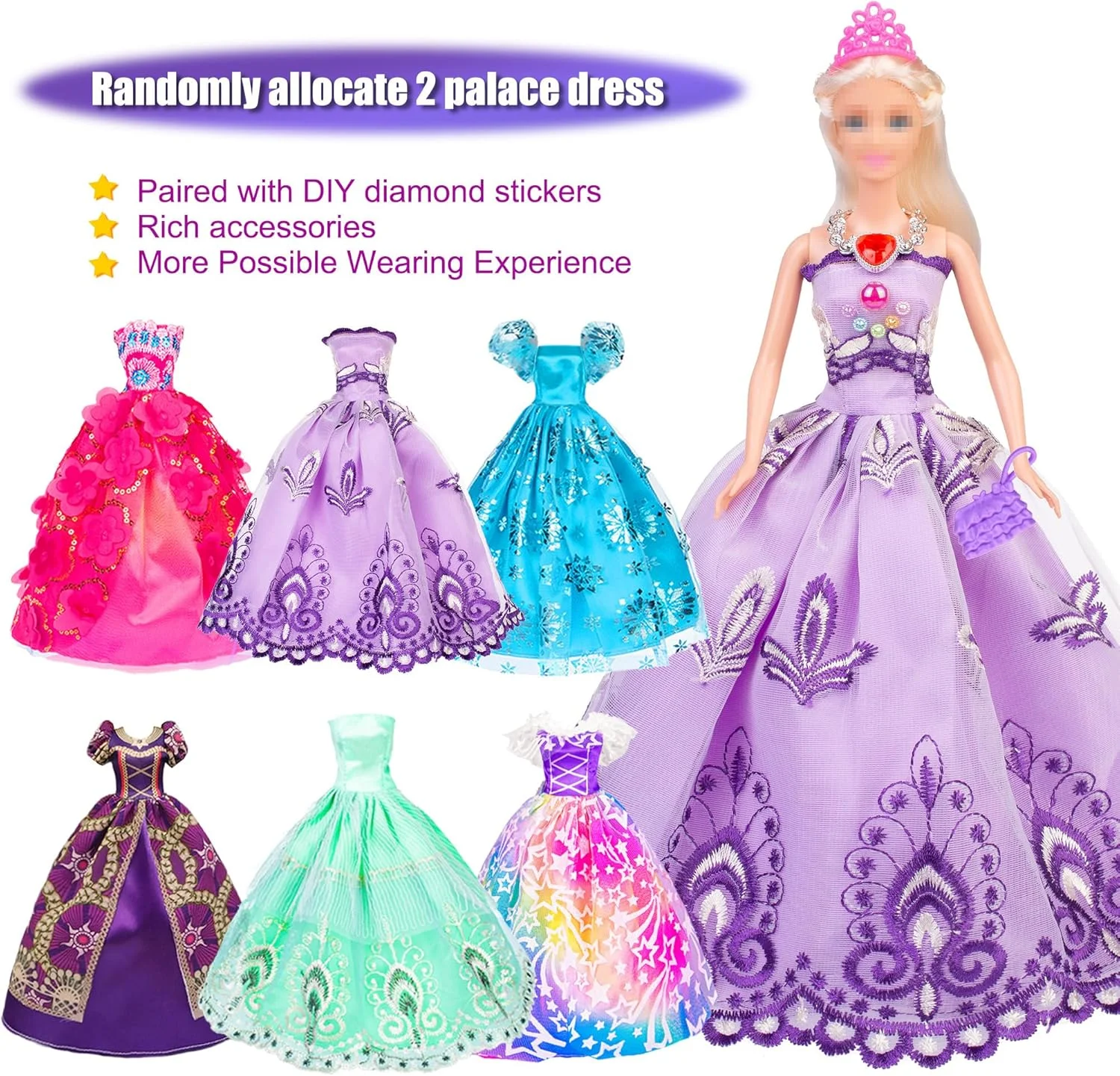 عروسک دخترانه 29 سانتی متری iBayda با 92 قطعه لباس، لوازم جانبی و ست کمد شامل لباس های بلند پرنسسی، کفش، کیف دستی، گردنبند، استیکرهای مهره ای DIY برای کیت طراحی لباس عروسک دخترانه