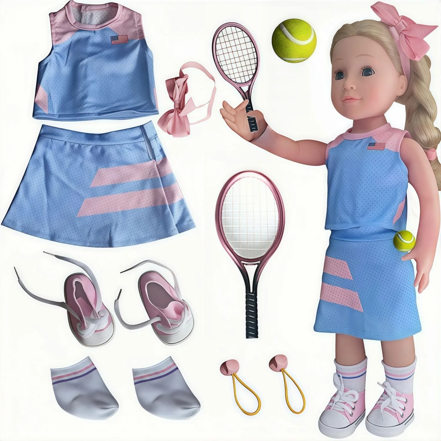 لباس و لوازم جانبی عروسک 18 اینچی Wenzhuo - لباس ورزشی تنیس عروسک 18 اینچی - تاپ، دامن کوتاه، هدبند، کش مو، جوراب عروسک، کفش عروسک، راکت، توپ