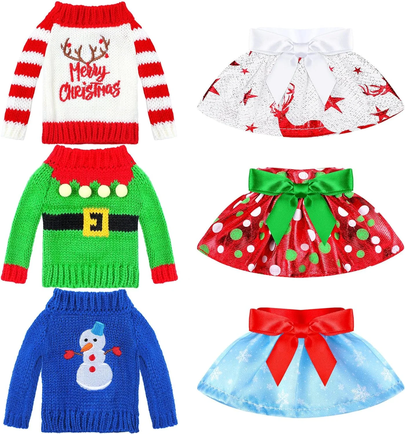لباس عروسک کریسمس Hungdao، 6 تکه: ست ژاکت و دامن - لباس بافتنی بابانوئل برای تعطیلات کریسمس عروسک، عروسک شامل نمی شود