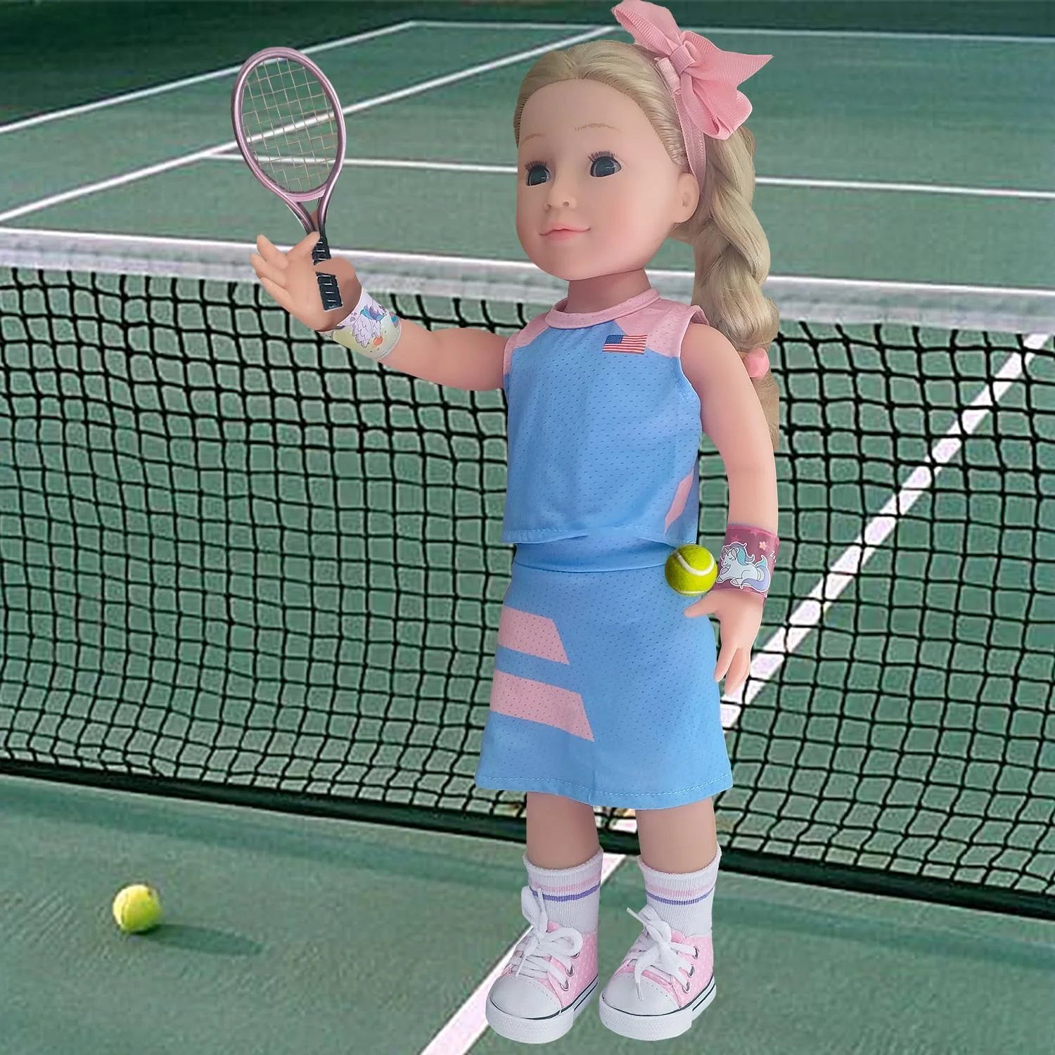 لباس و لوازم جانبی عروسک 18 اینچی Wenzhuo - لباس ورزشی تنیس عروسک 18 اینچی - تاپ، دامن کوتاه، هدبند، کش مو، جوراب عروسک، کفش عروسک، راکت، توپ