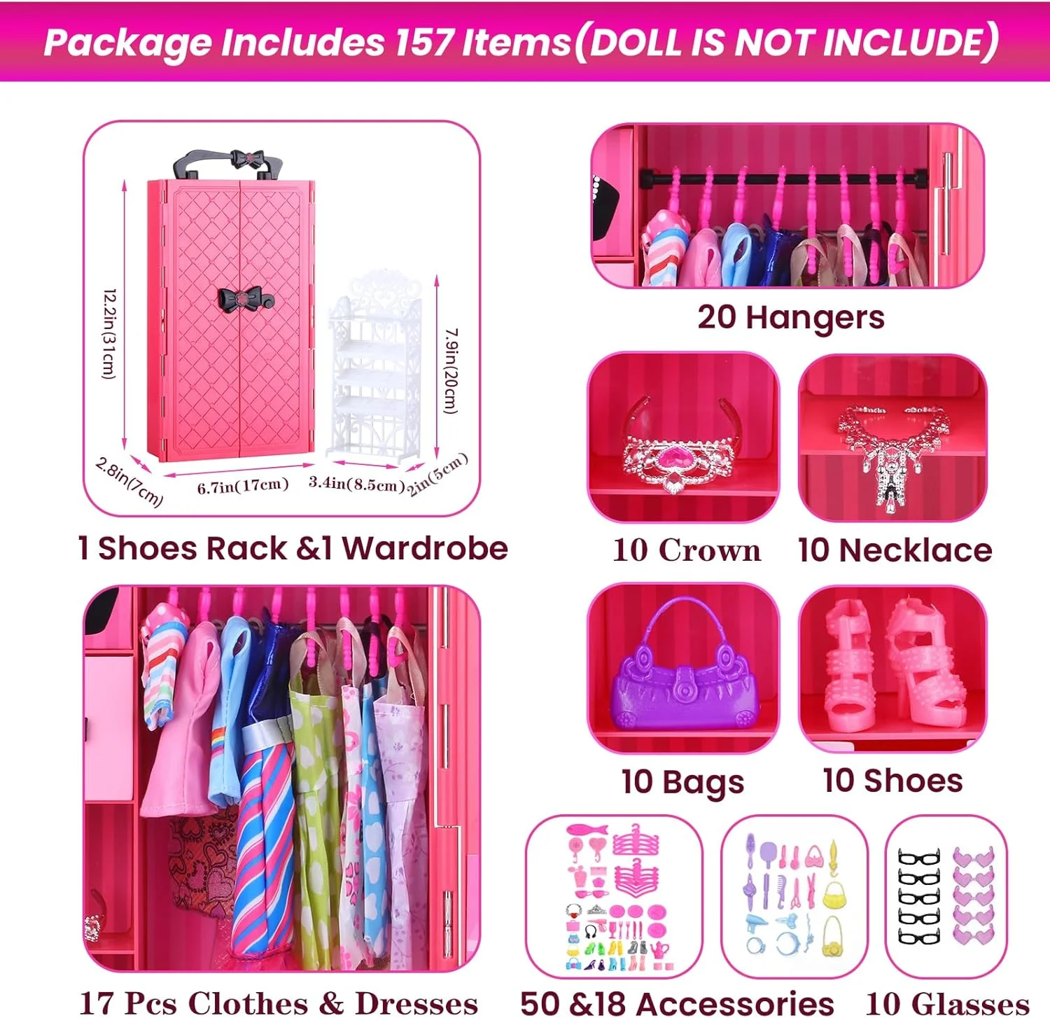 ویوس 157 تکه لباس و لوازم جانبی عروسک با کمد عروسک برای عروسک های دخترانه 11.5 اینچی شامل جاکفشی، لباس عروسی، لباس مد، لباس شنا، تاپ و شلوار، چوب لباسی، عینک، گردنبند، تاج، کیف، کفش ویوس 157 تکه لباس و لوازم جانبی عروسک با کمد عروسک برای عروسک های دخترانه 11.5 اینچی شامل جاکفشی، لباس عروسی، لباس مد، لباس شنا، تاپ و شلوار، چوب لباسی، عینک، گردنبند، تاج، کیف، کفش